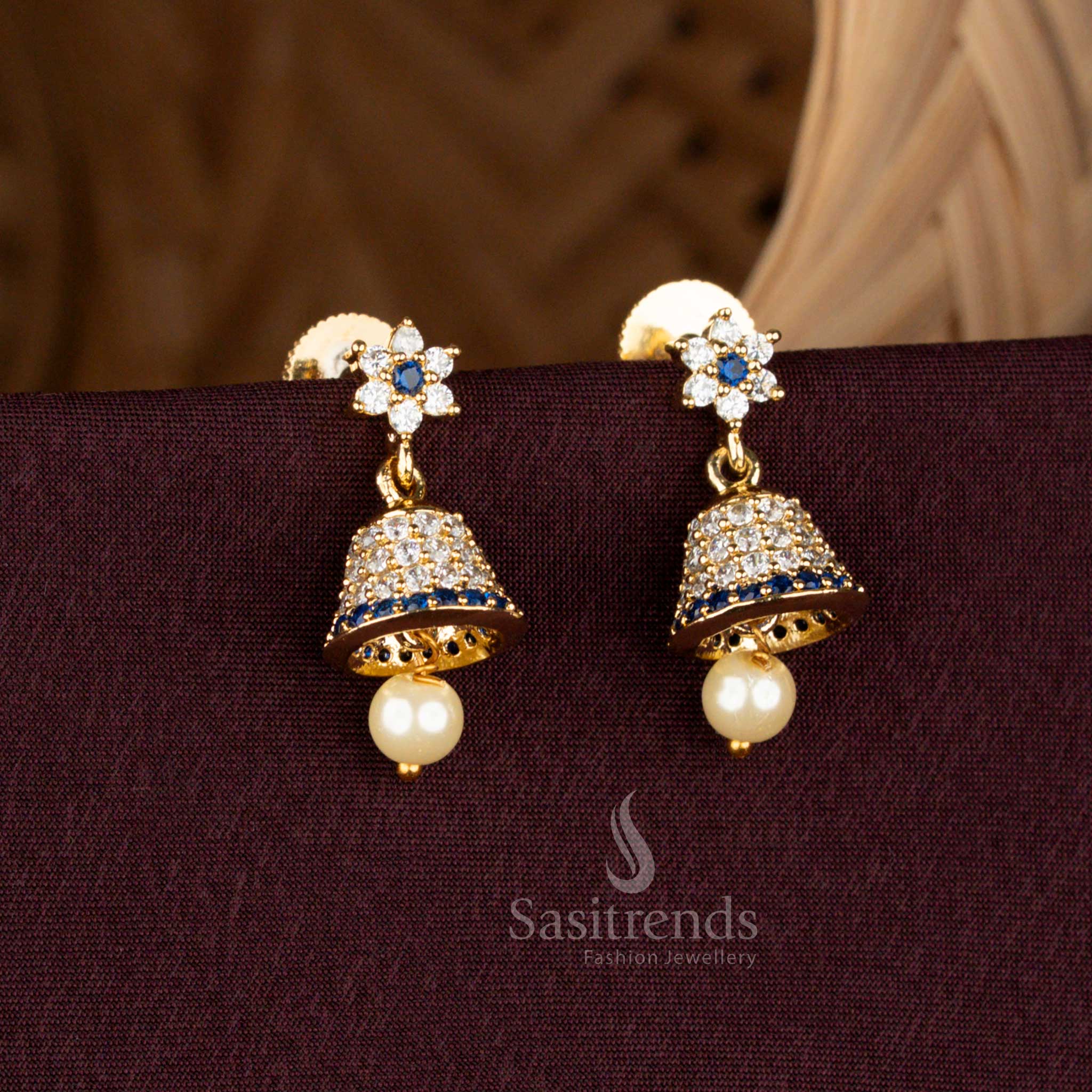 Stunning American Diamond Micro Gold Plated Bell Jhumka Earrings - Image 2