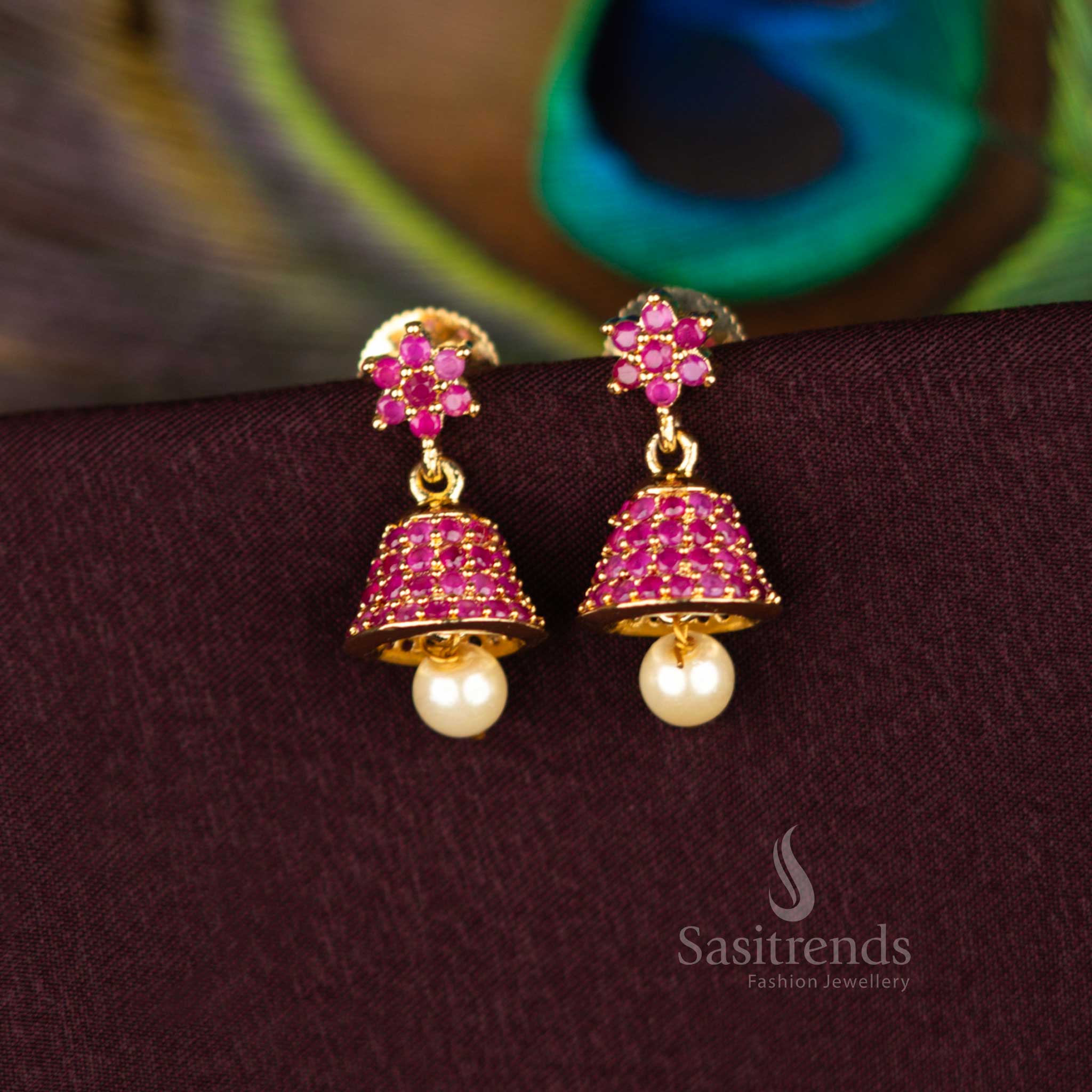 Stunning American Diamond Micro Gold Plated Bell Jhumka Earrings - Image 6