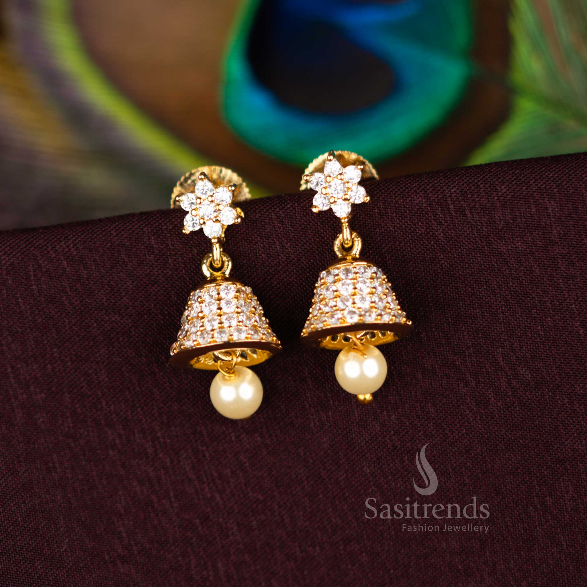 Stunning American Diamond Micro Gold Plated Bell Jhumka Earrings - Image 7