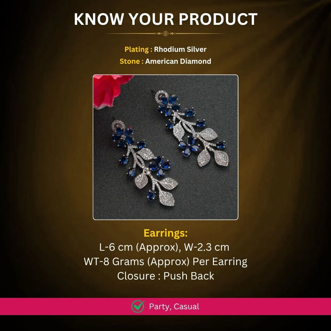 Exquisite Rhodium Silver Floral American Diamond Stones Studded Earrings - Party Wear - Image 3