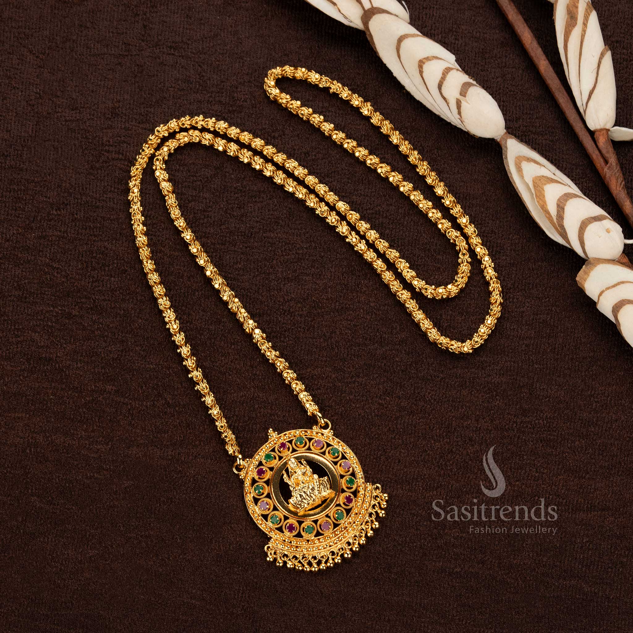Traditional One Gram Micro gold plated Lakshmi Motif AD Stone Encircled Pendant Chain Necklace - Image 6