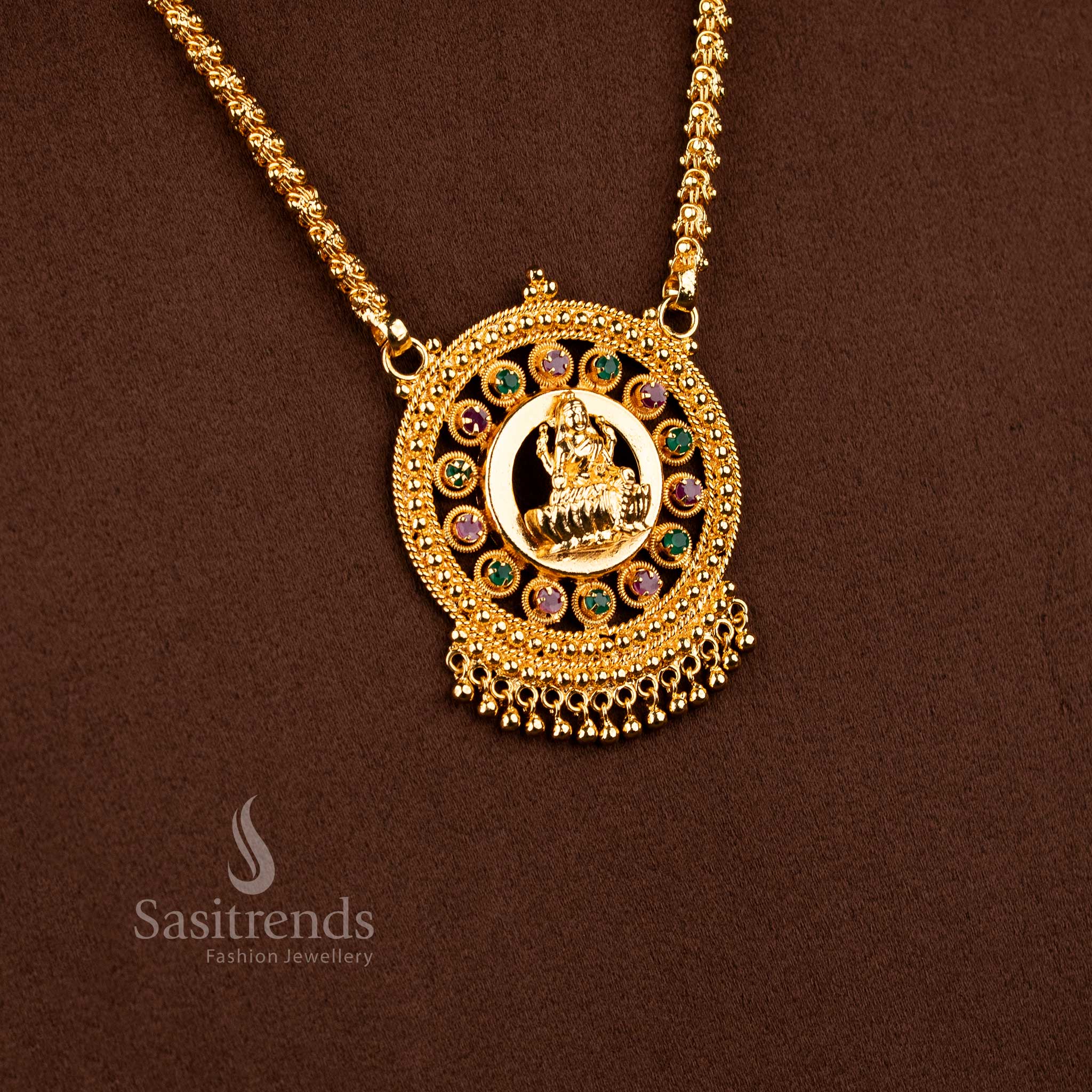Traditional One Gram Micro gold plated Lakshmi Motif AD Stone Encircled Pendant Chain Necklace - Image 7