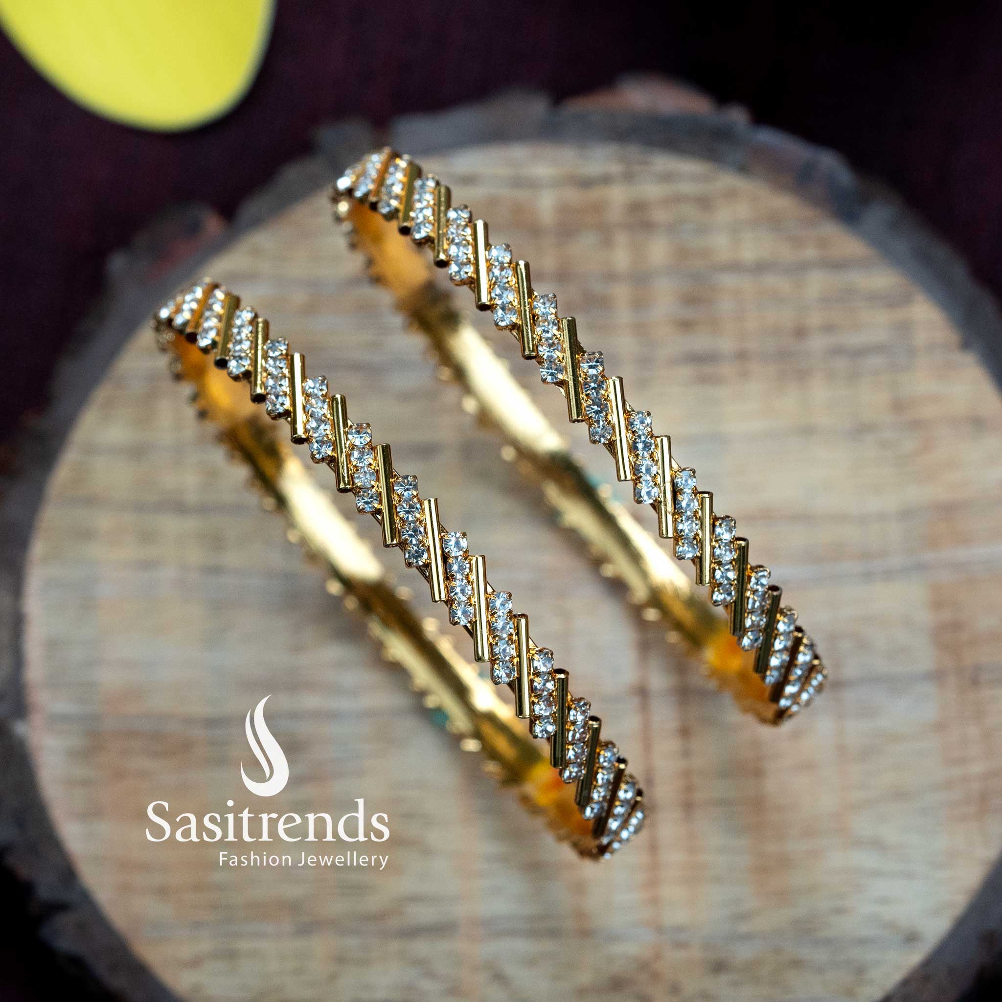 Elegant Traditional Temple Wear Micro Gold Plated Bangles with Glittering Stones - Image 3