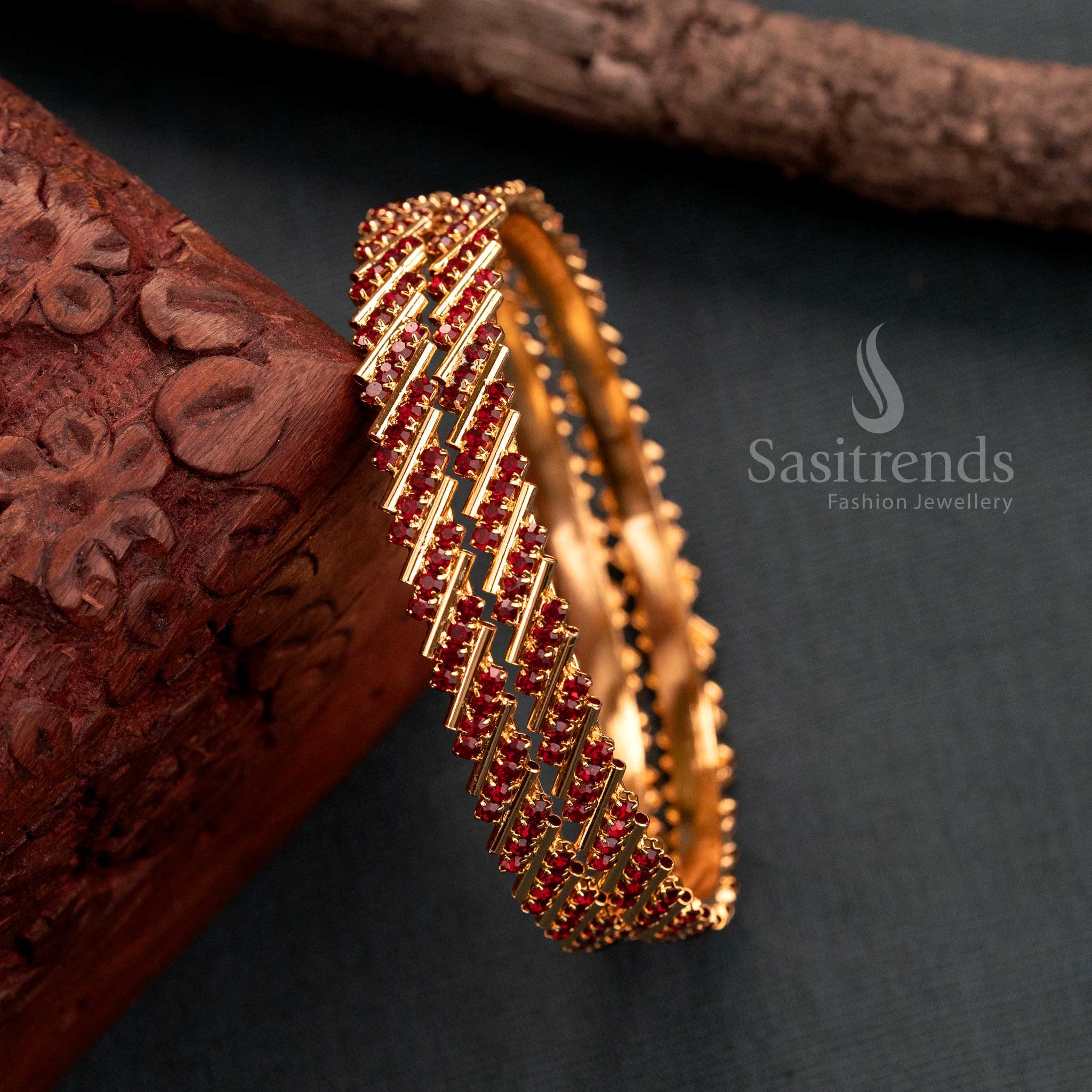 Elegant Traditional Temple Wear Micro Gold Plated Bangles with Glittering Stones - Image 4
