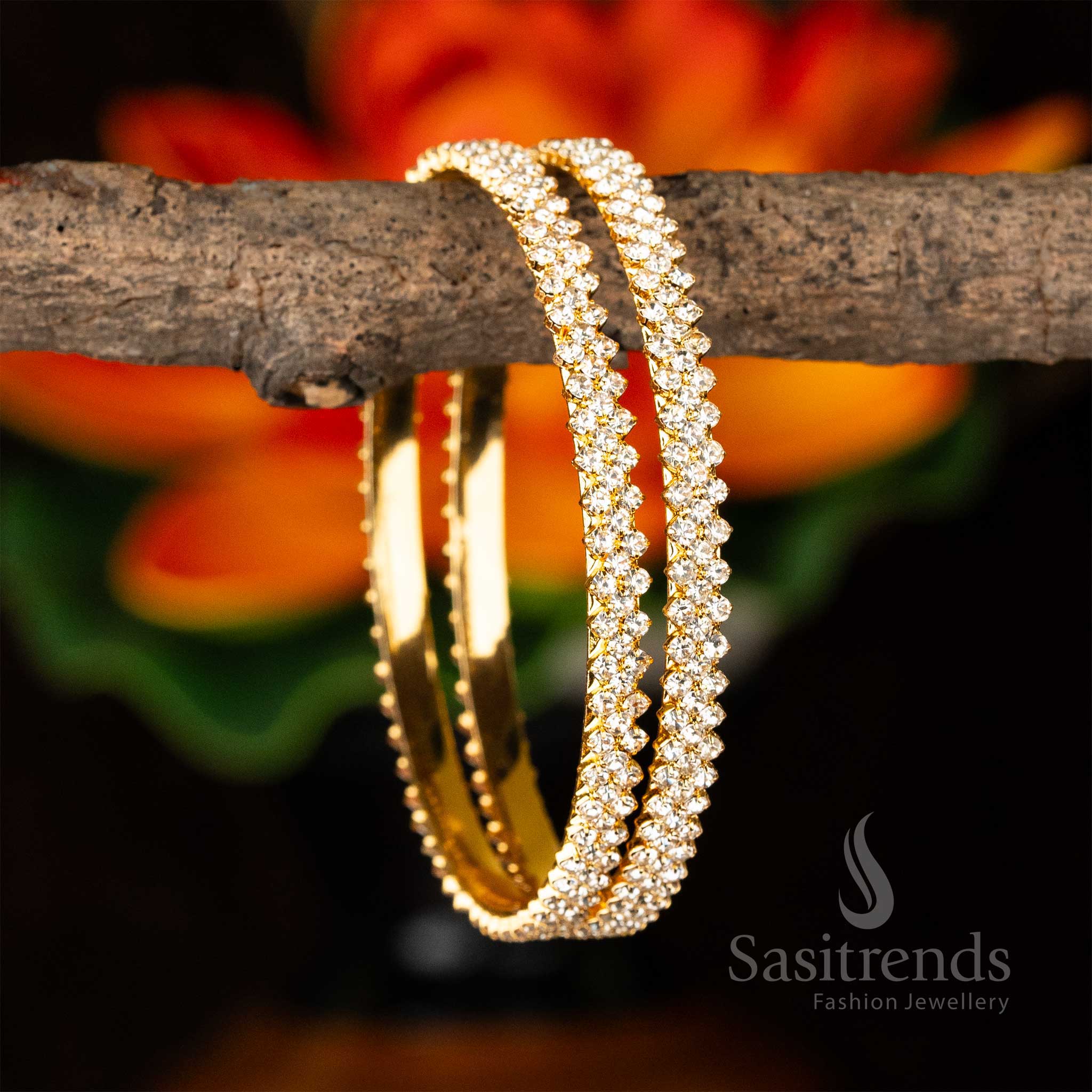Elegant Temple Wear Micro Gold Plated Bangles with Glittering Stones - Perfect For All Festival - Image 5