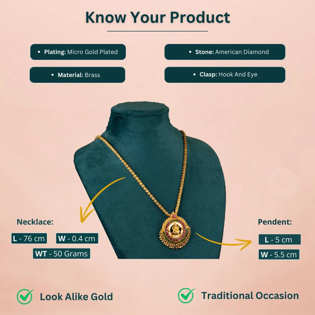 Dasavatharam Micro Gold Long Chain with Lakshmi Motif and AD Stone Pendant - Perfect For Traditional Events - Image 4