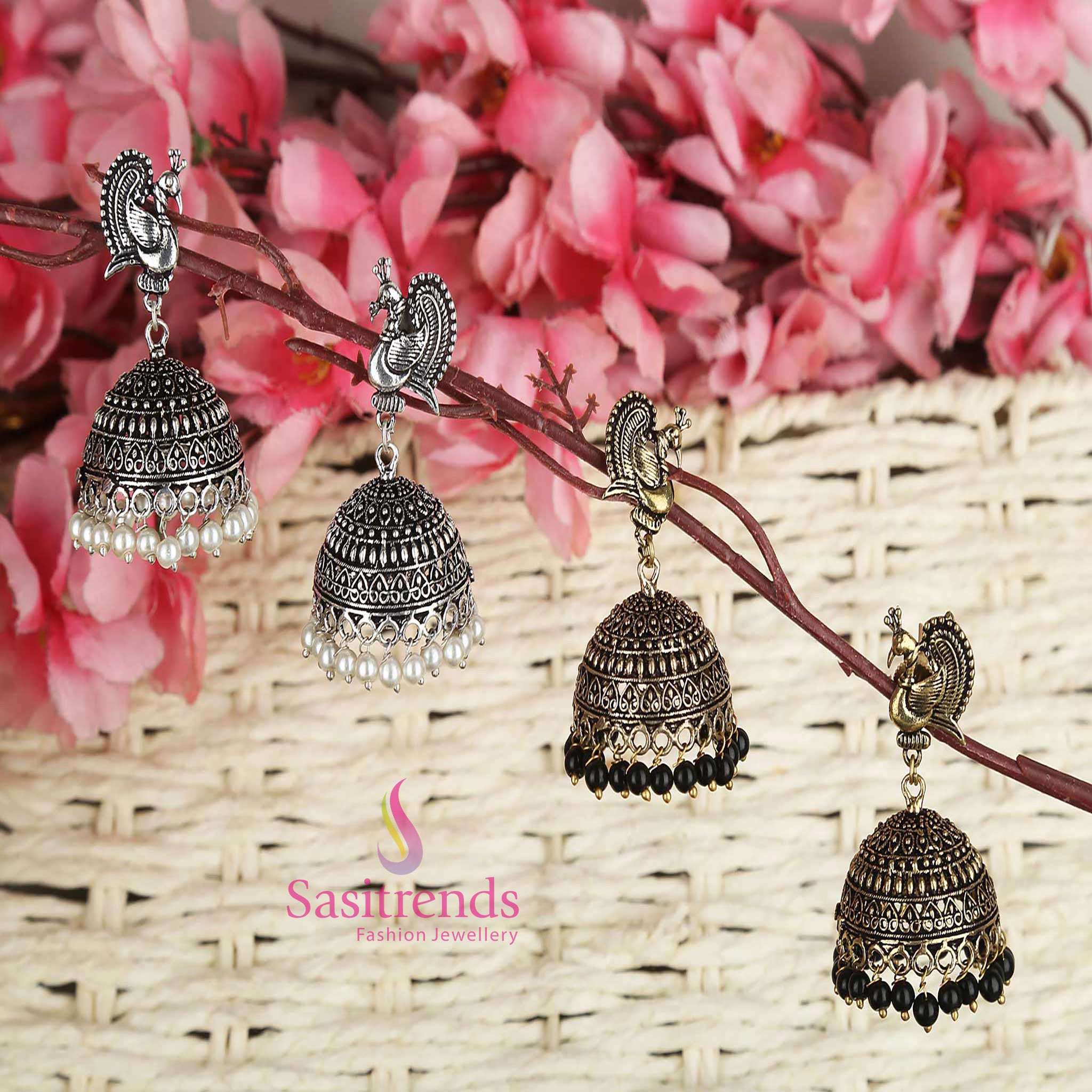 Exquisite Traditional Oxidised German Silver Combo Earrings Jhumka Set
