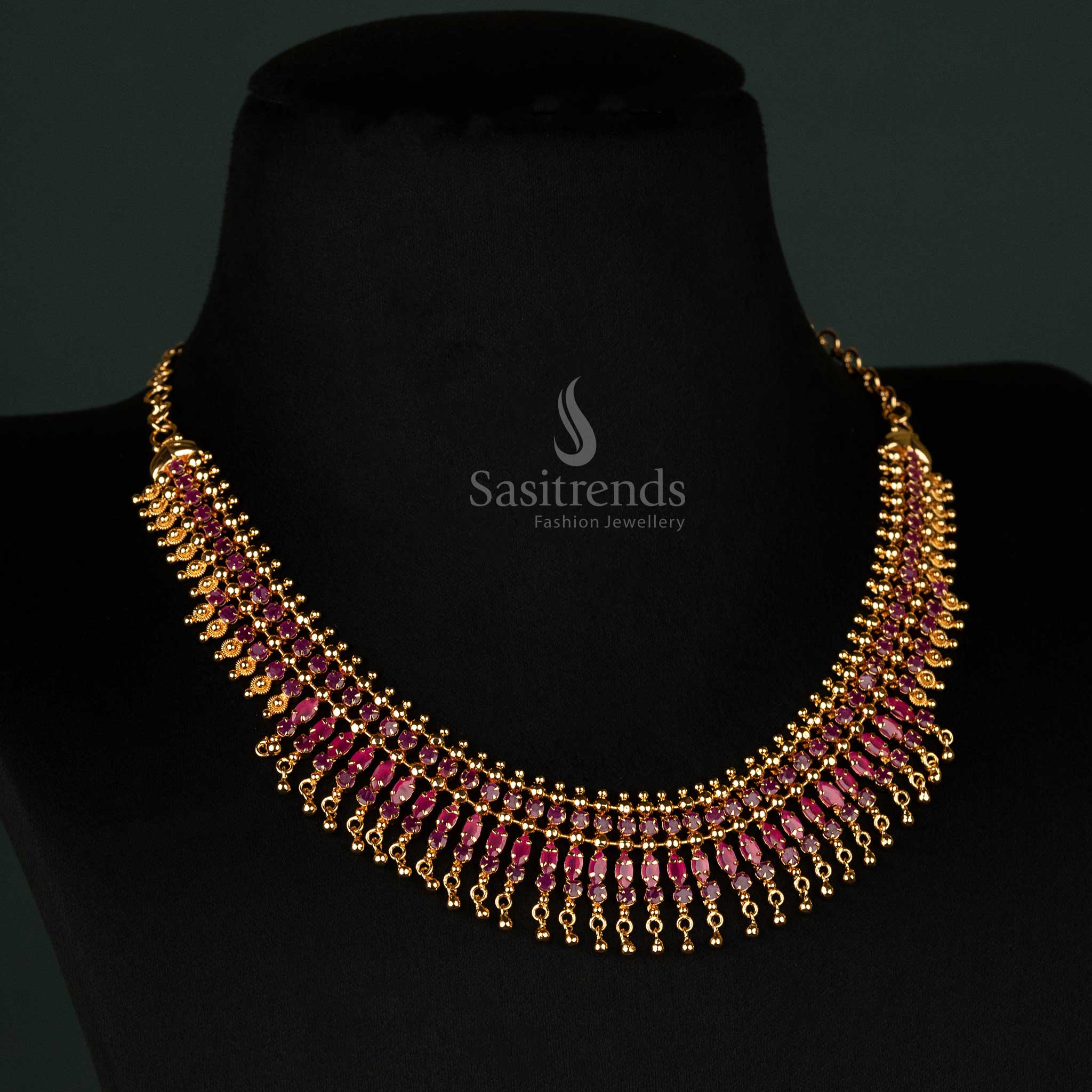 Elegant Micro Gold Plated Necklace with Ruby Stones and Golden Balls | Sasitrends