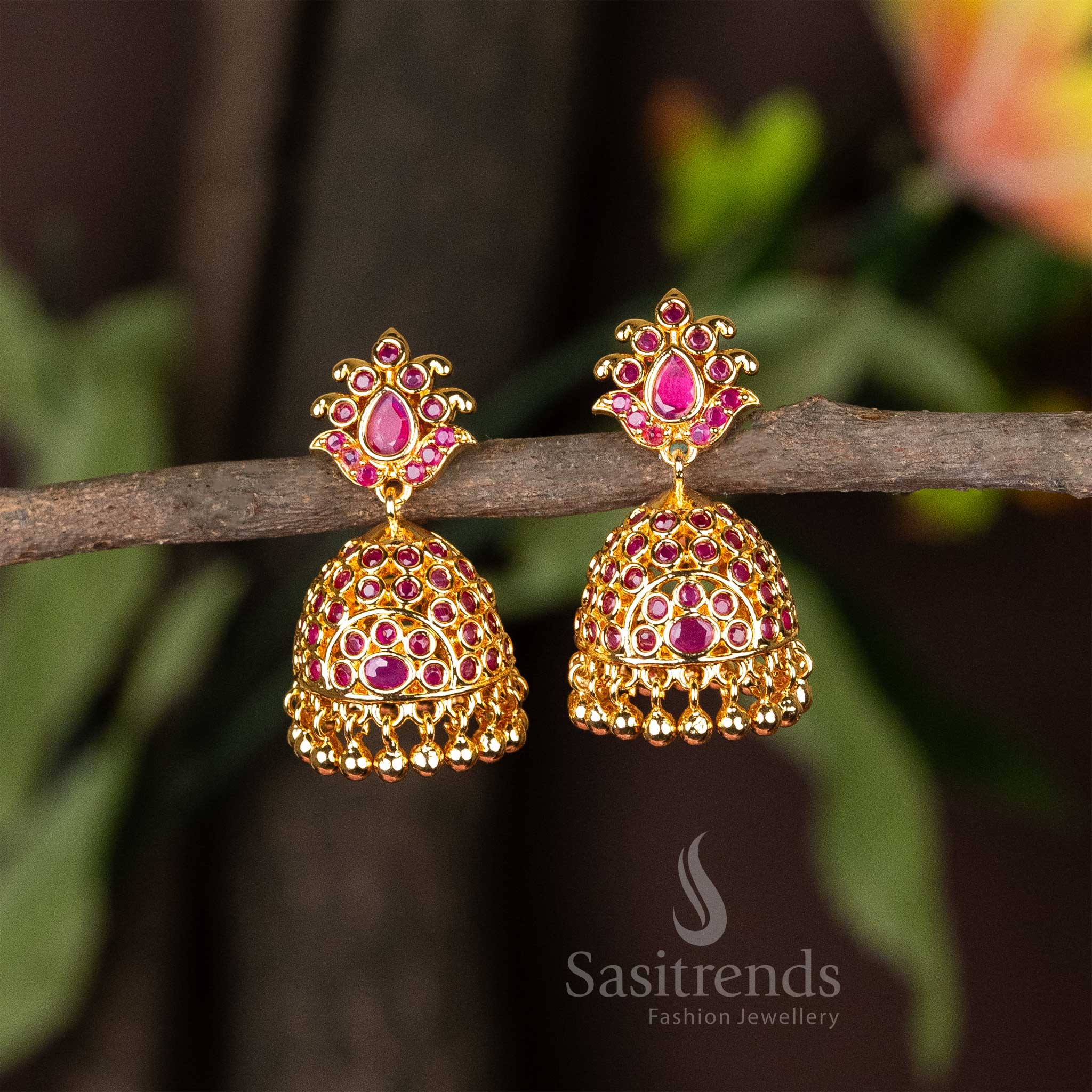 Fantastic Micro Gold Plated Lotus Designer Jhumka Earrings - Sasitrends - Image 2