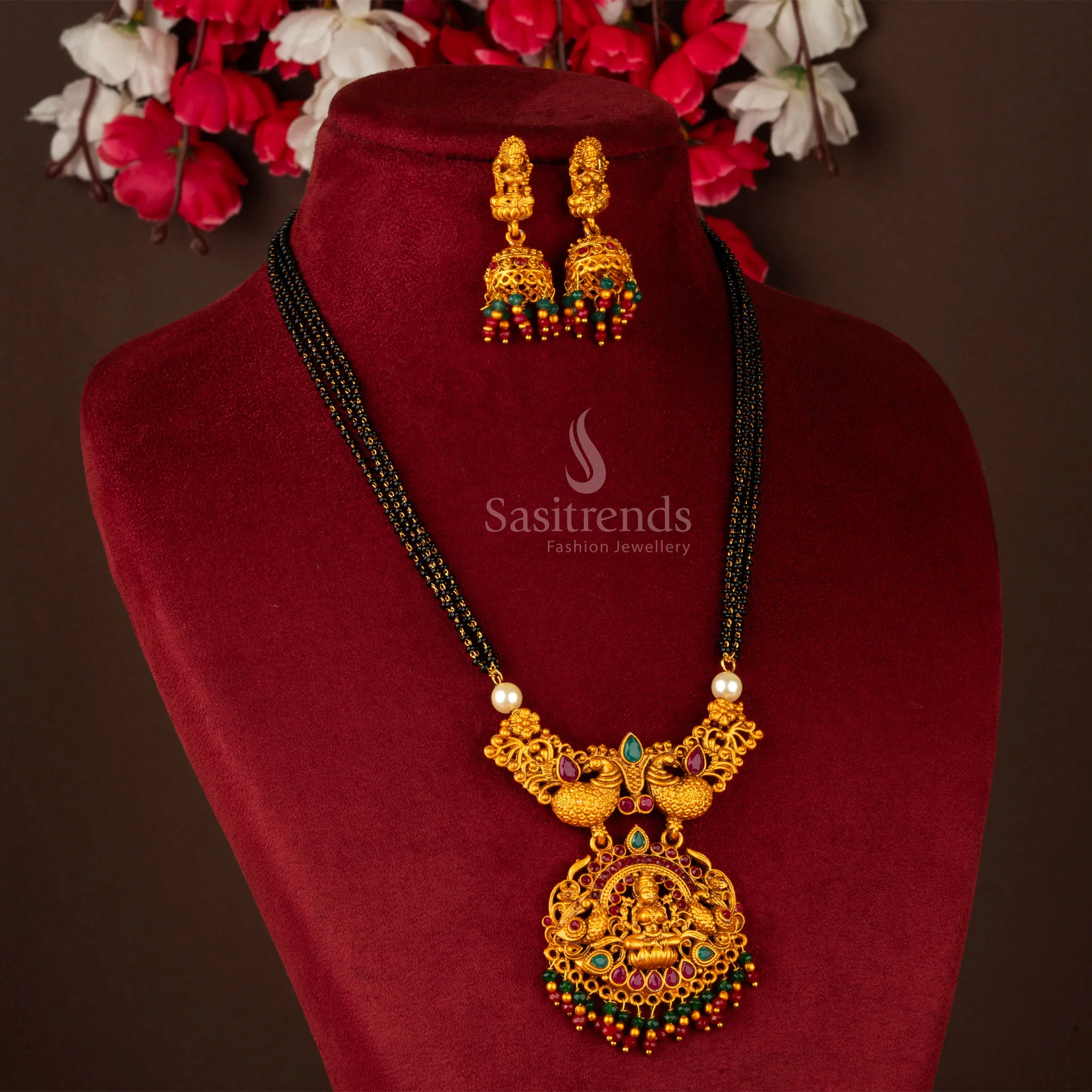 Exquisite Classic Traditional Temple Matte Gold Lakshmi and Peacock Designer Necklace Jewellery Set and Jhumka - Sasitrends