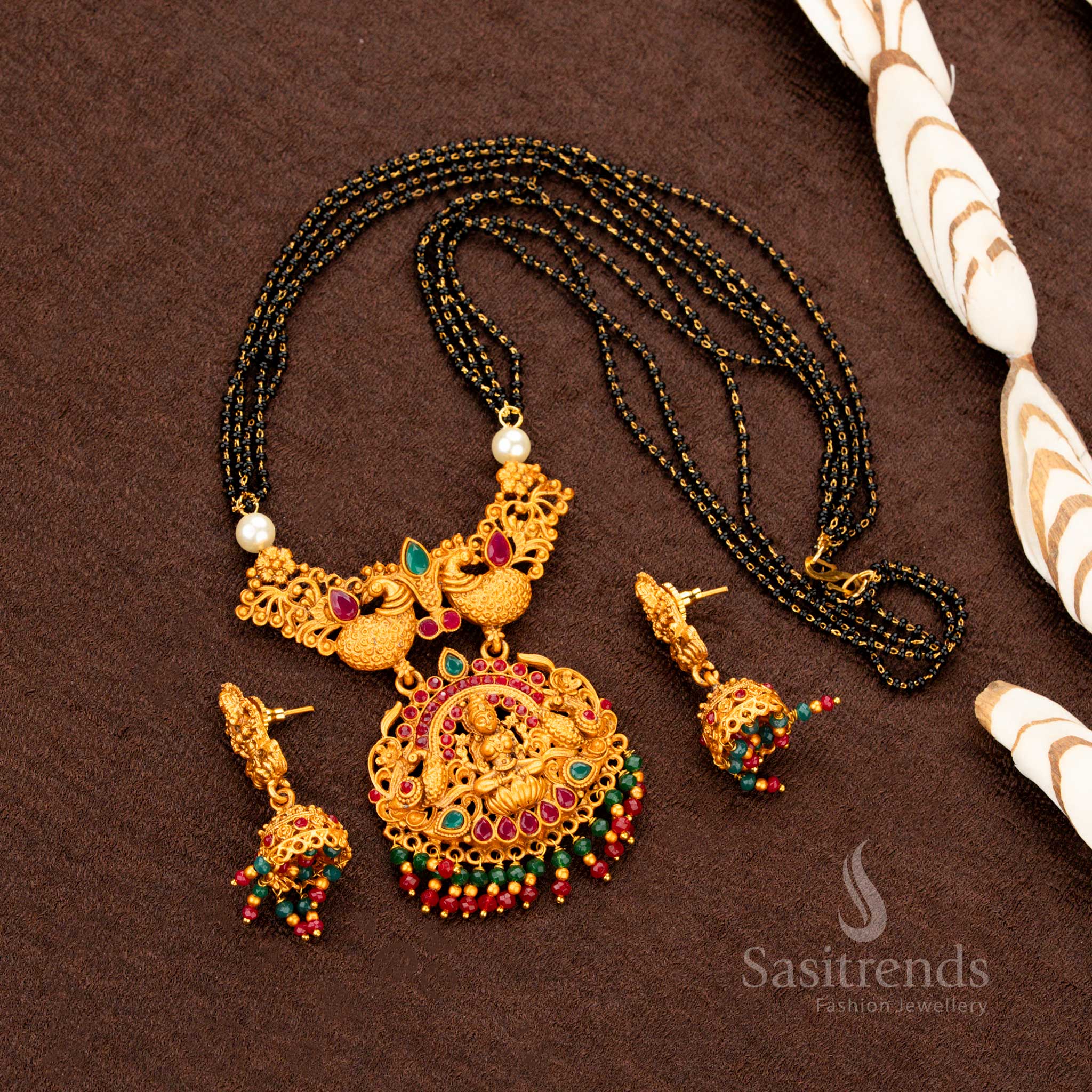 Exquisite Classic Traditional Temple Matte Gold Lakshmi and Peacock Designer Necklace Jewellery Set and Jhumka - Sasitrends - Image 2