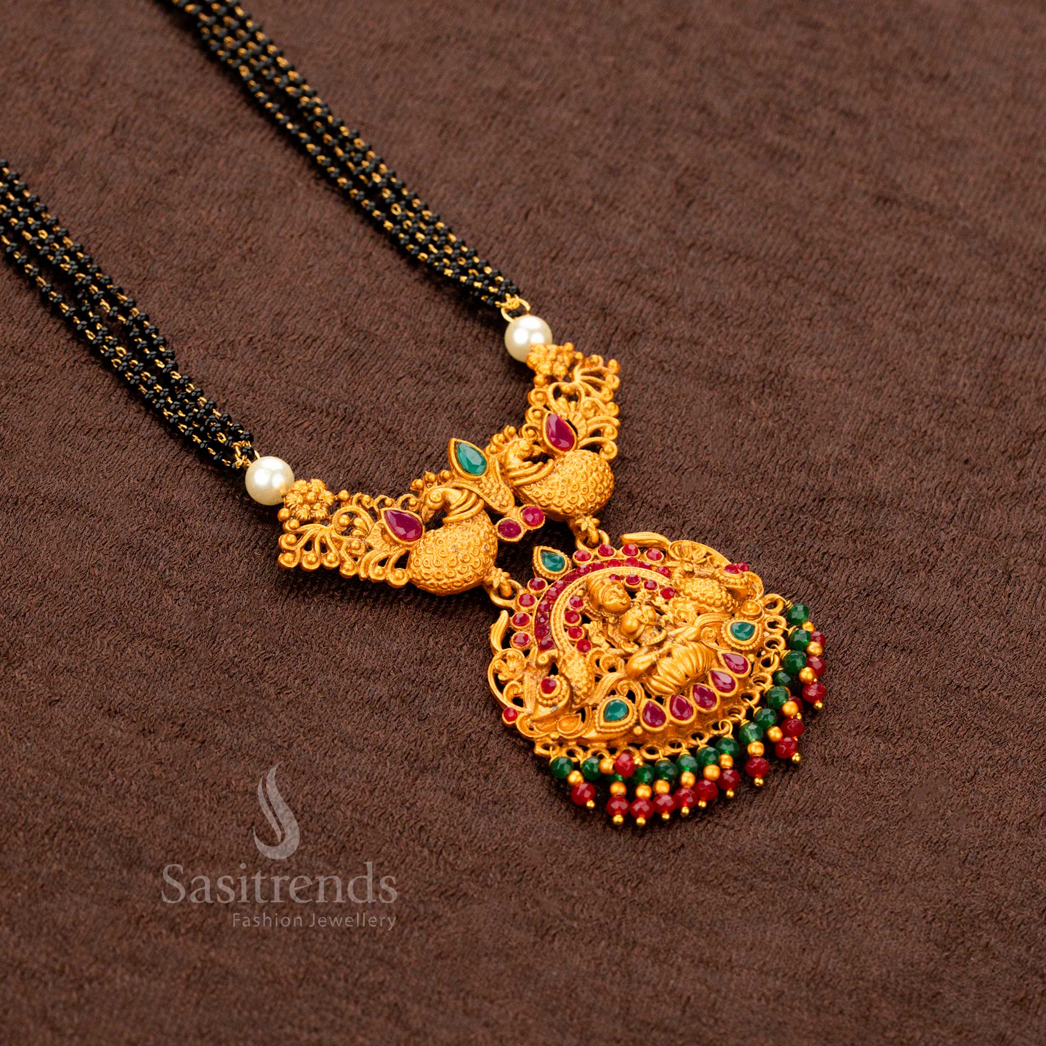 Exquisite Classic Traditional Temple Matte Gold Lakshmi and Peacock Designer Necklace Jewellery Set and Jhumka - Sasitrends - Image 3