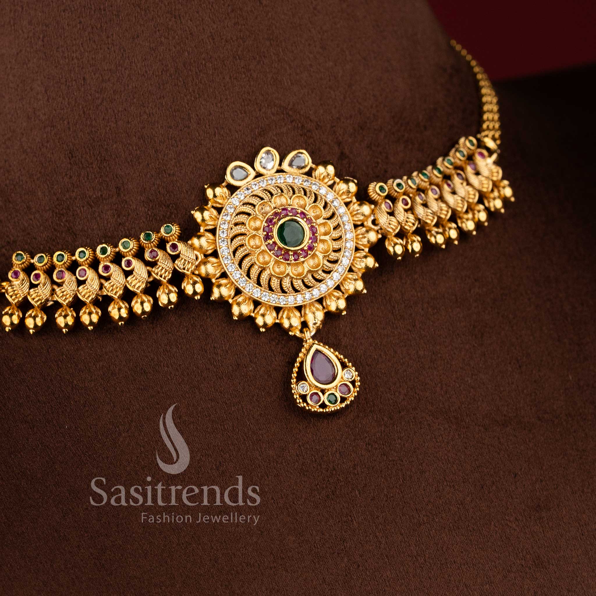 Traditional Bridal Wear Temple Matte Gold Finish Floral Peacock Choker Necklace Jewellery Set with Jhumkas and AD Stones | Sasitrends - Image 2