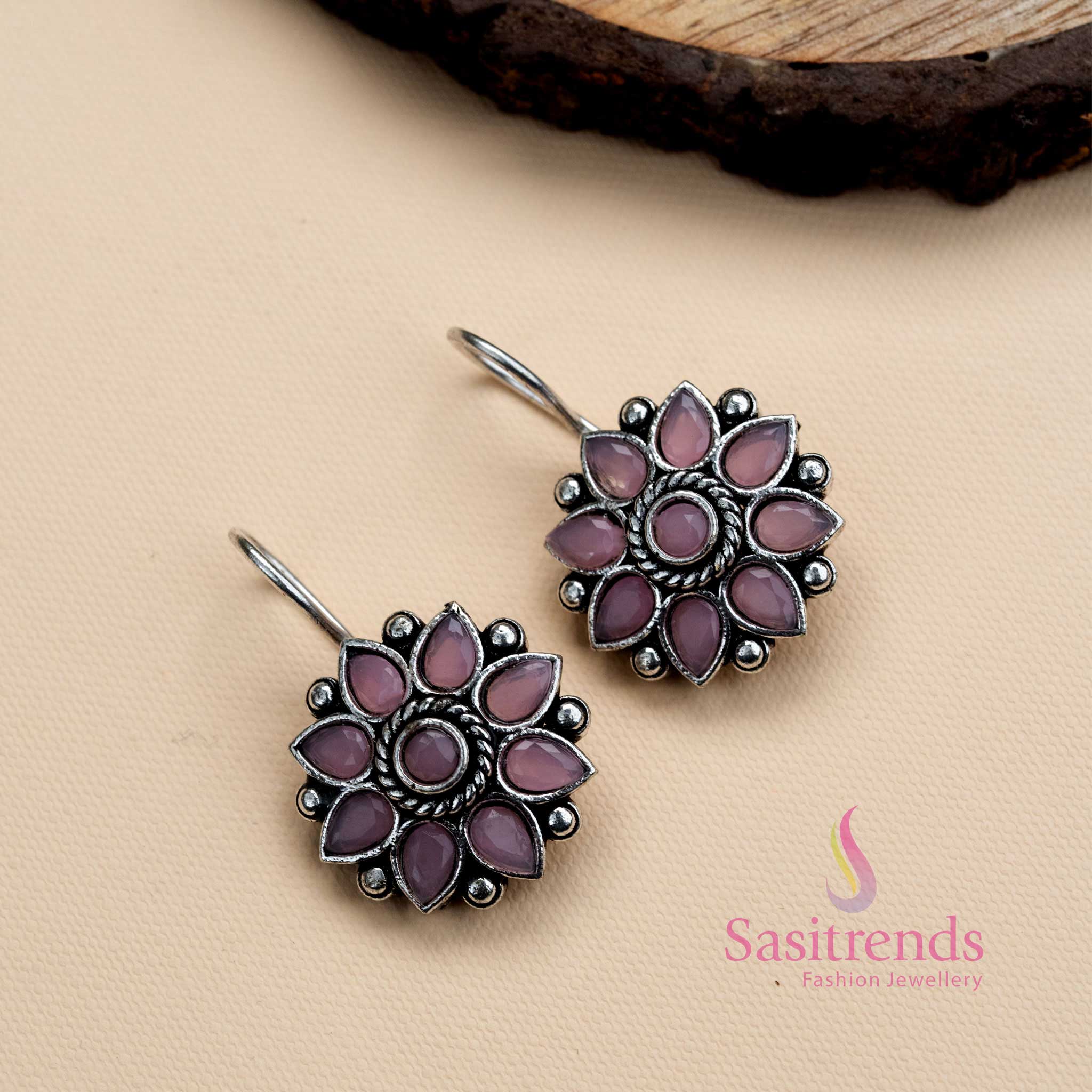 Stunning Oxidised Silver Stud Earrings with a Flower Pattern | Sasitrends - Image 6