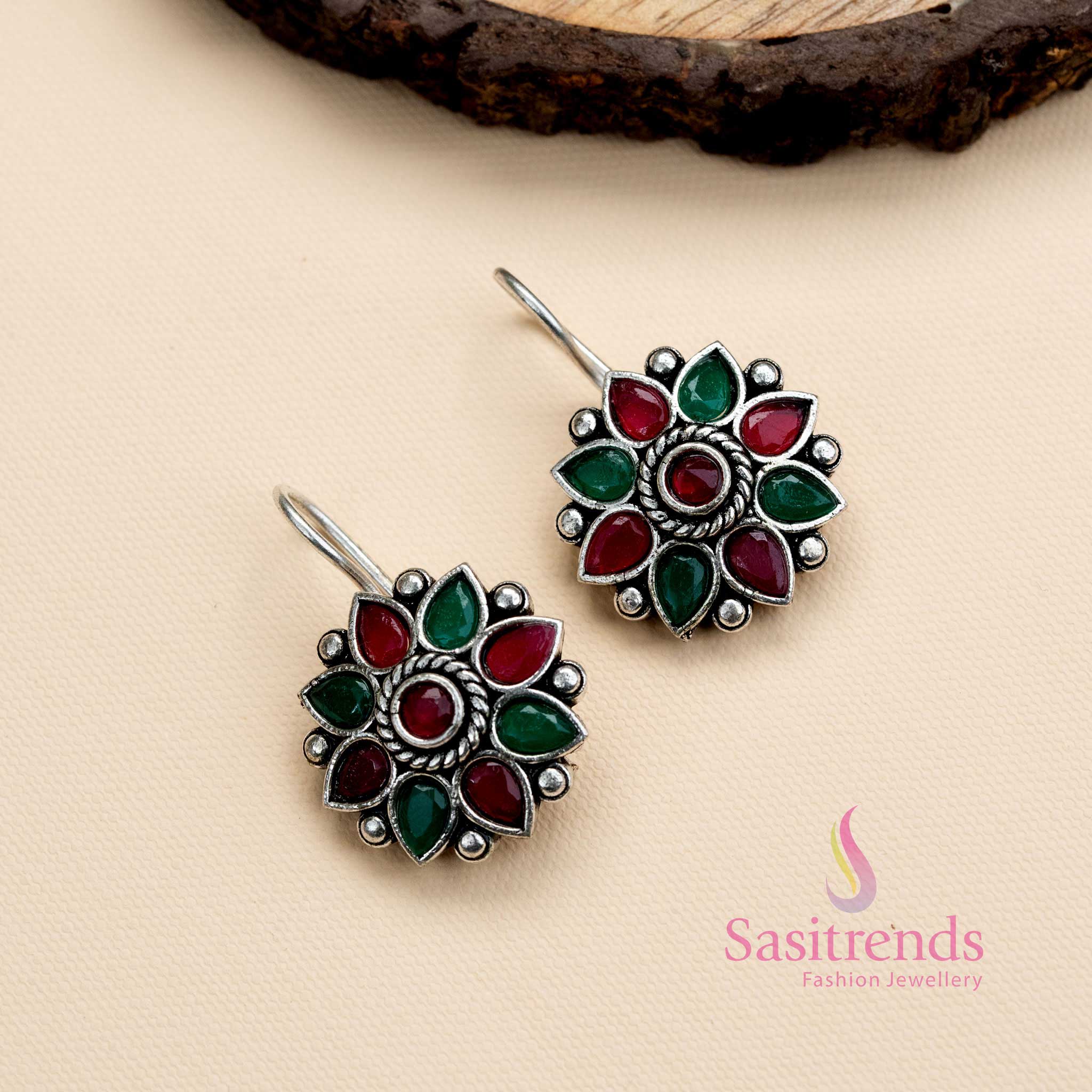Stunning Oxidised Silver Stud Earrings with a Flower Pattern | Sasitrends - Image 7