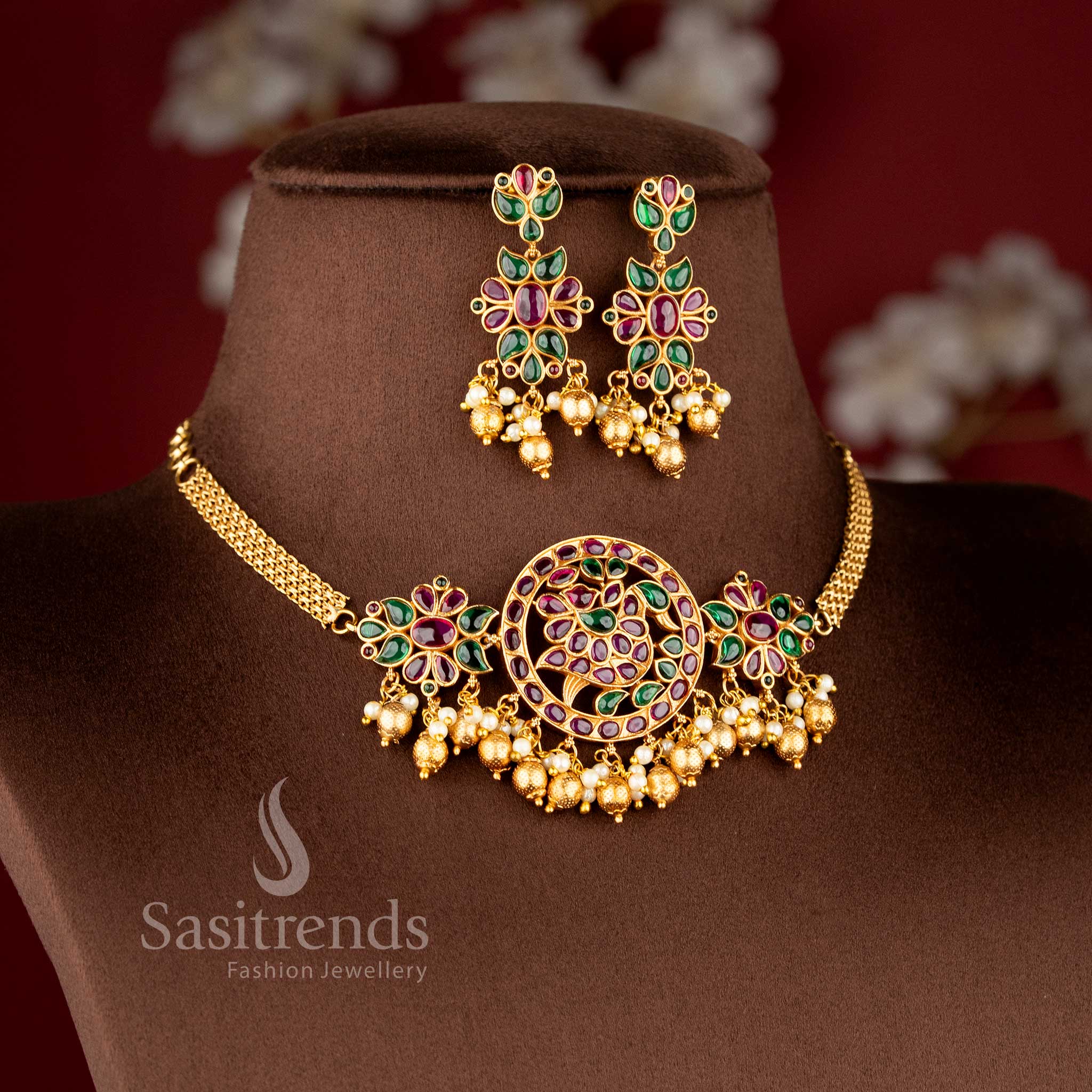 Temple Matte Gold Floral Swan Motif Choker Jewellery Set with Kemp AD Stones for Bridal & Wedding Wear - Sasitrends