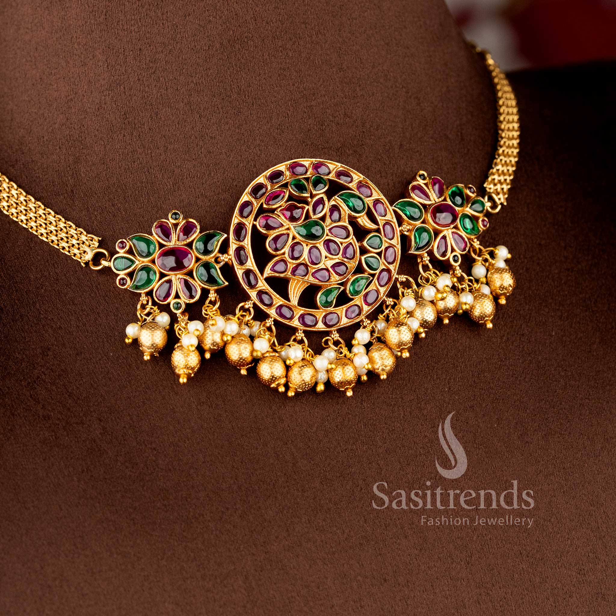 Temple Matte Gold Floral Swan Motif Choker Jewellery Set with Kemp AD Stones for Bridal & Wedding Wear - Sasitrends - Image 2