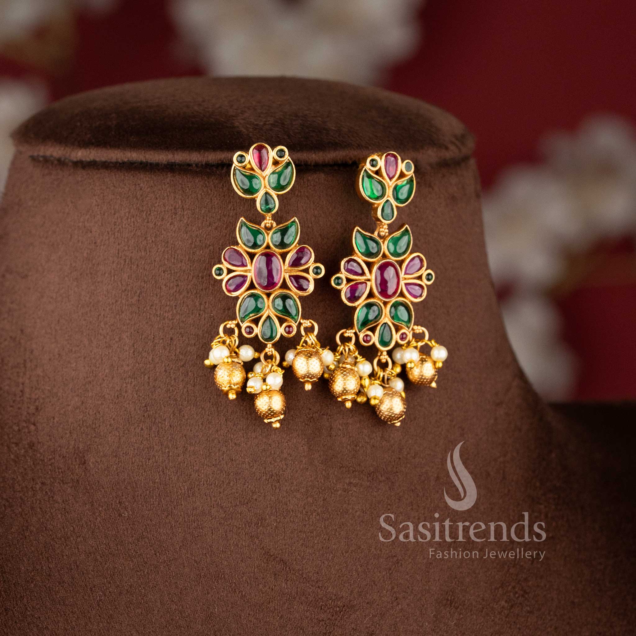 Temple Matte Gold Floral Swan Motif Choker Jewellery Set with Kemp AD Stones for Bridal & Wedding Wear - Sasitrends - Image 3