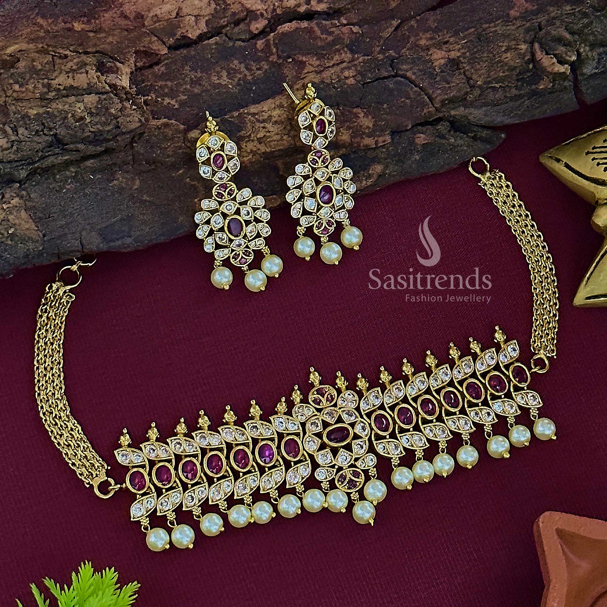 Latest Bridal Wear Temple Matte Gold Tone Oval Motif Pearl Choker Necklace Jewellery Set - Sasitrends - Image 4