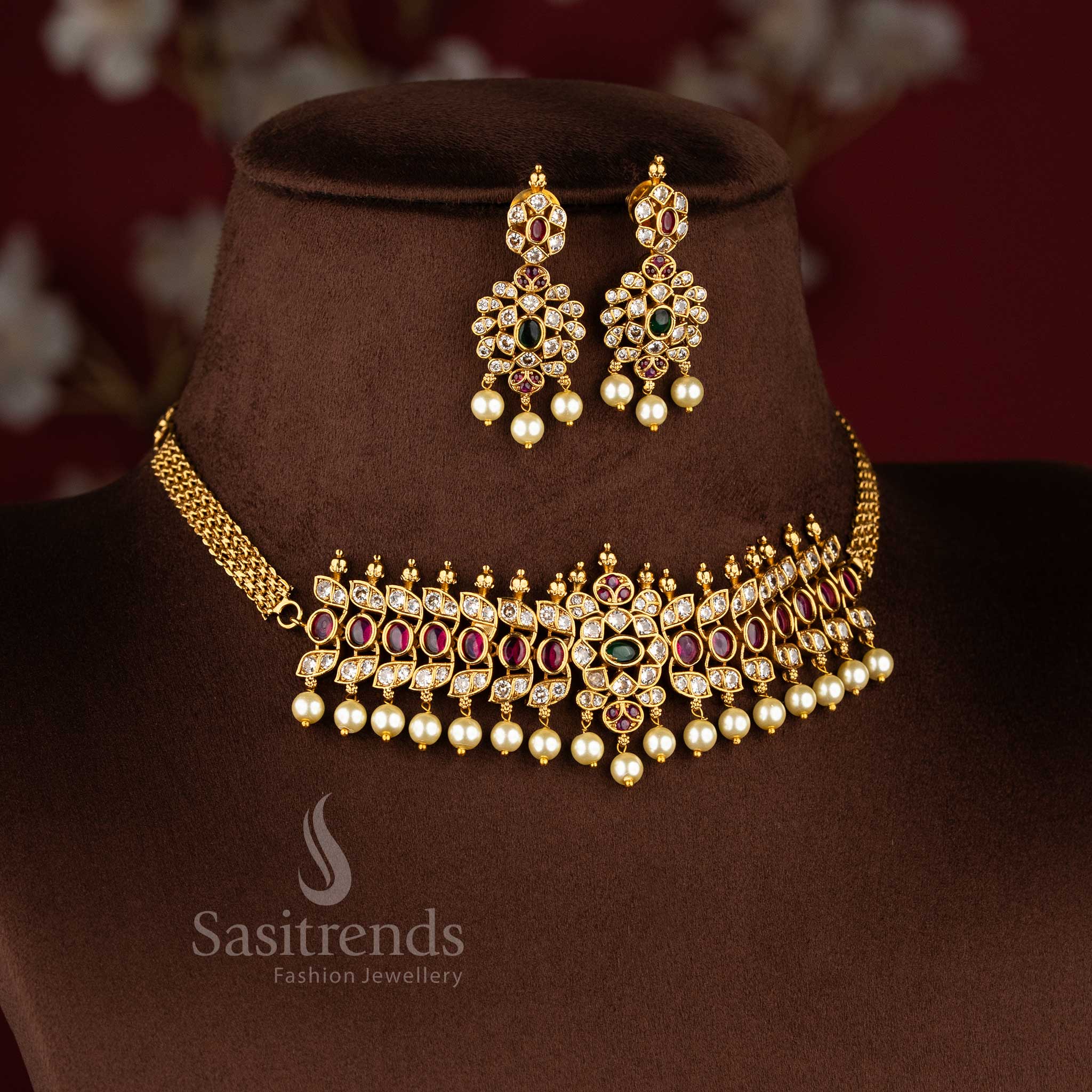 Latest Bridal Wear Temple Matte Gold Tone Oval Motif Pearl Choker Necklace Jewellery Set - Sasitrends - Image 5