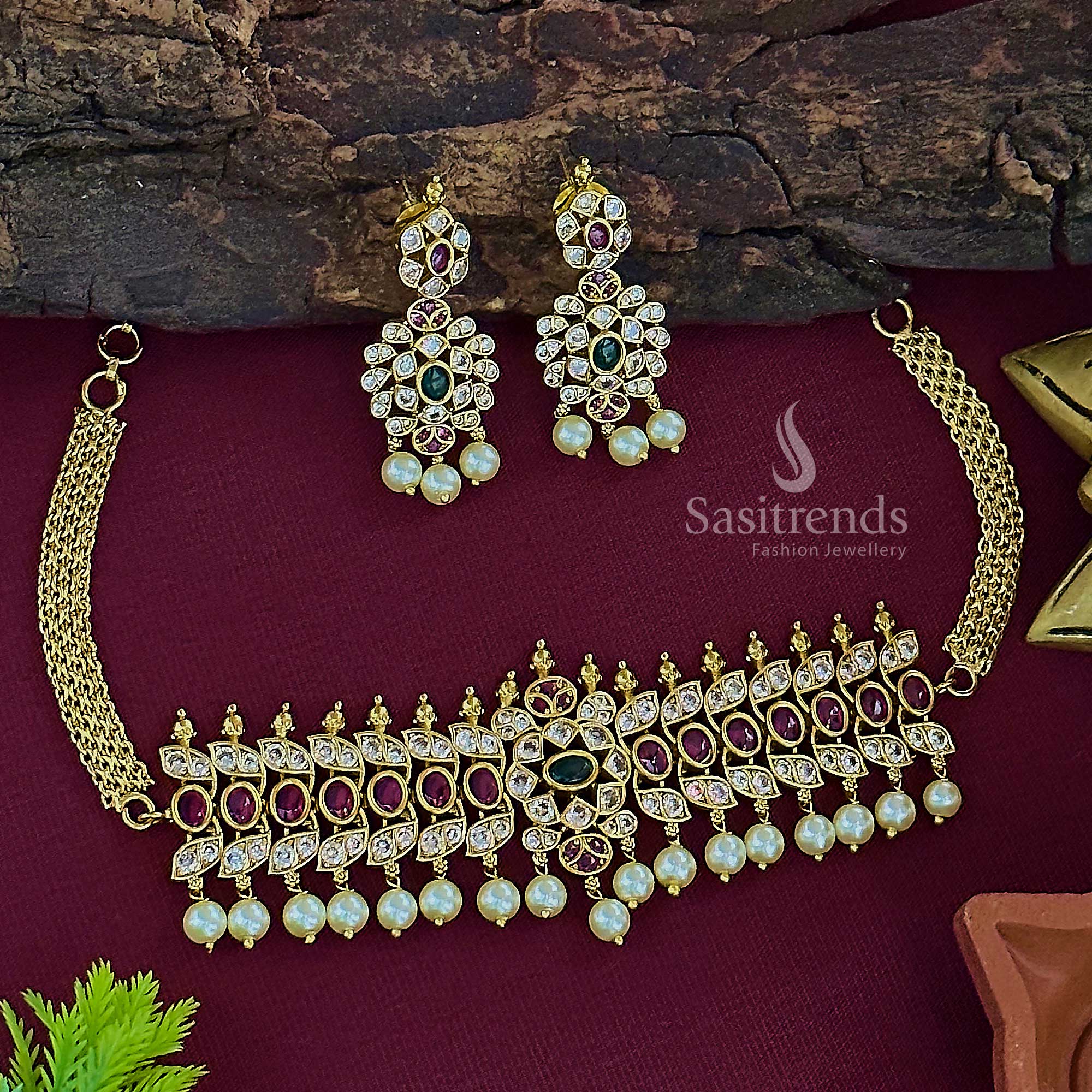 Latest Bridal Wear Temple Matte Gold Tone Oval Motif Pearl Choker Necklace Jewellery Set - Sasitrends - Image 6