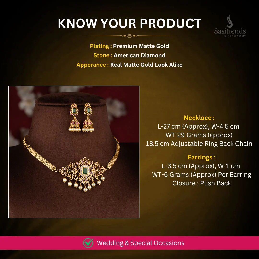 Trendy Bridal Temple Matte Gold Tone Pearl Choker AD Necklace Jewellery Set with Jhumkas | Sasitrends - Image 3