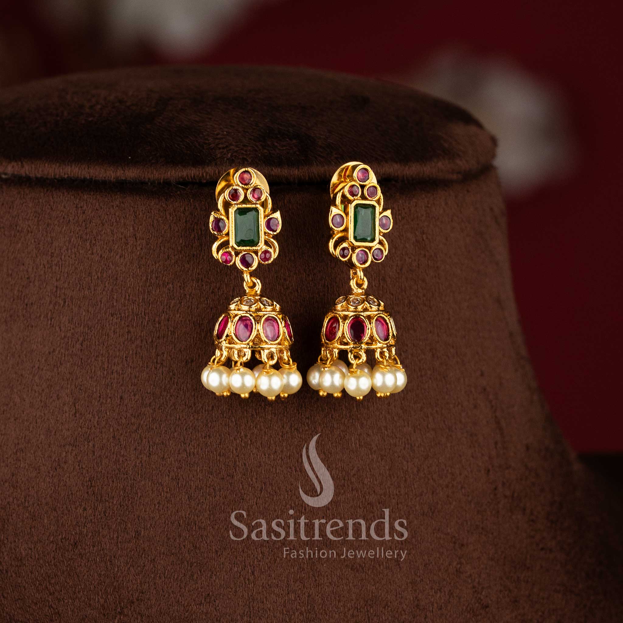 Trendy Bridal Temple Matte Gold Tone Pearl Choker AD Necklace Jewellery Set with Jhumkas | Sasitrends - Image 4
