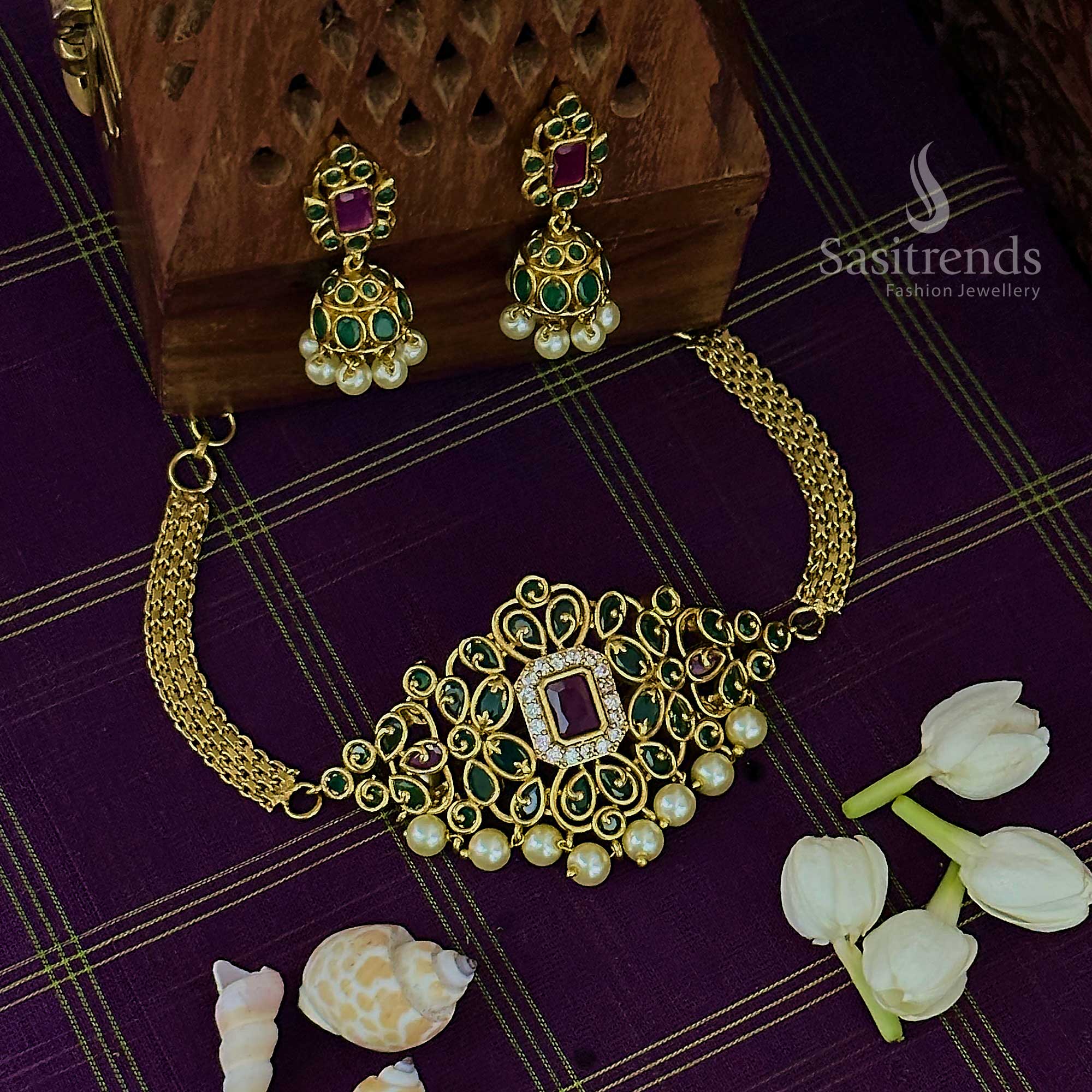 Trendy Bridal Temple Matte Gold Tone Pearl Choker AD Necklace Jewellery Set with Jhumkas | Sasitrends - Image 5