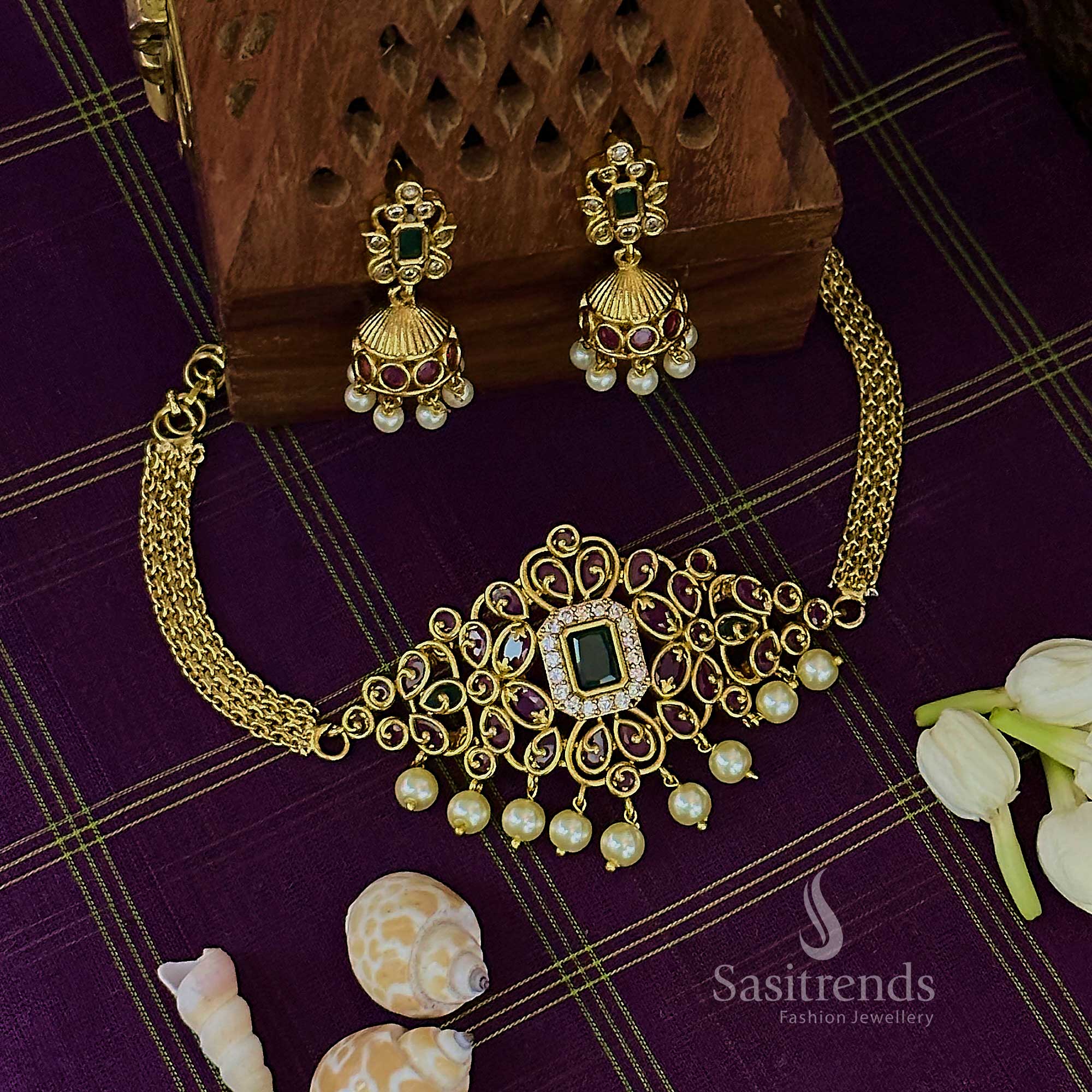Trendy Bridal Temple Matte Gold Tone Pearl Choker AD Necklace Jewellery Set with Jhumkas | Sasitrends - Image 6