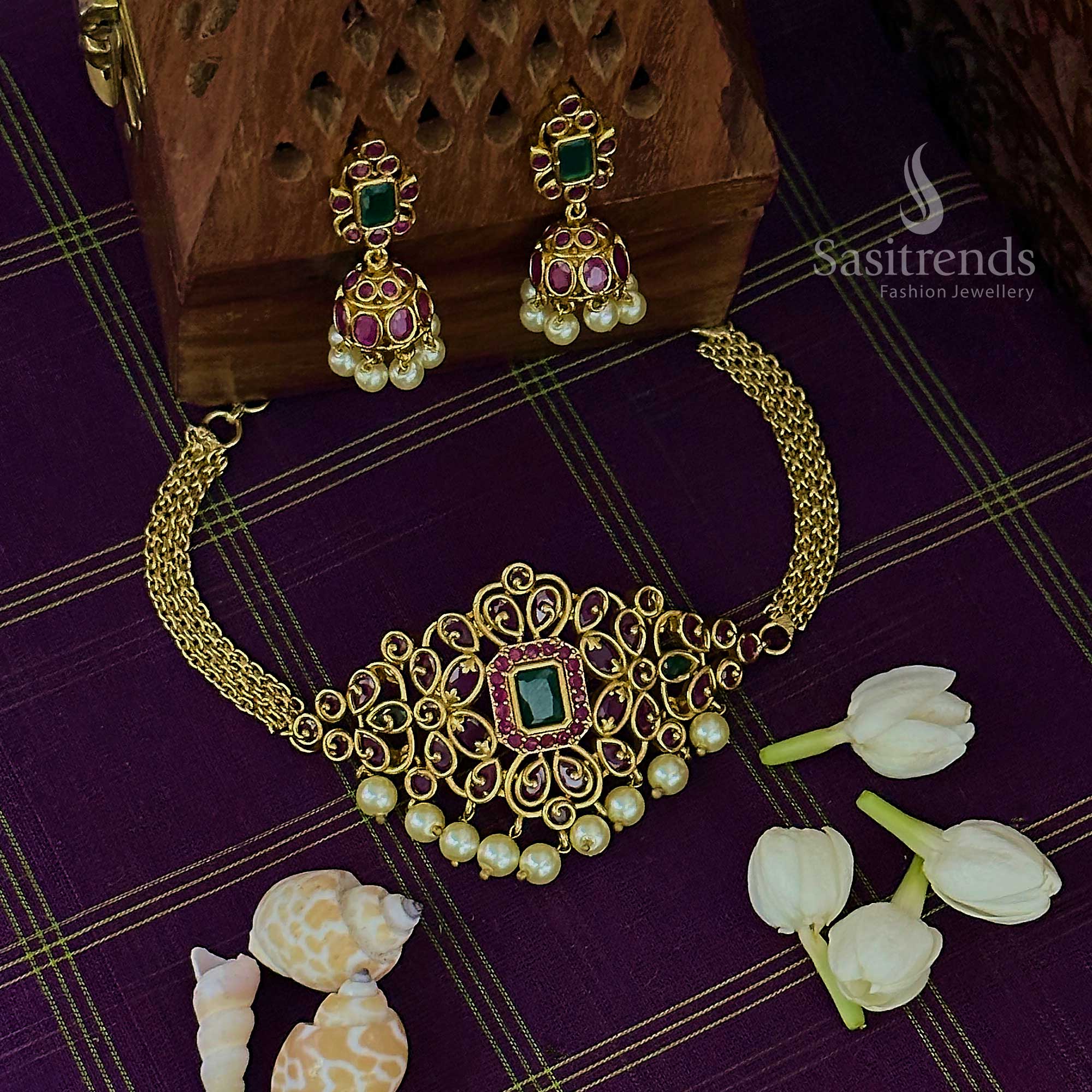 Trendy Bridal Temple Matte Gold Tone Pearl Choker AD Necklace Jewellery Set with Jhumkas | Sasitrends - Image 7