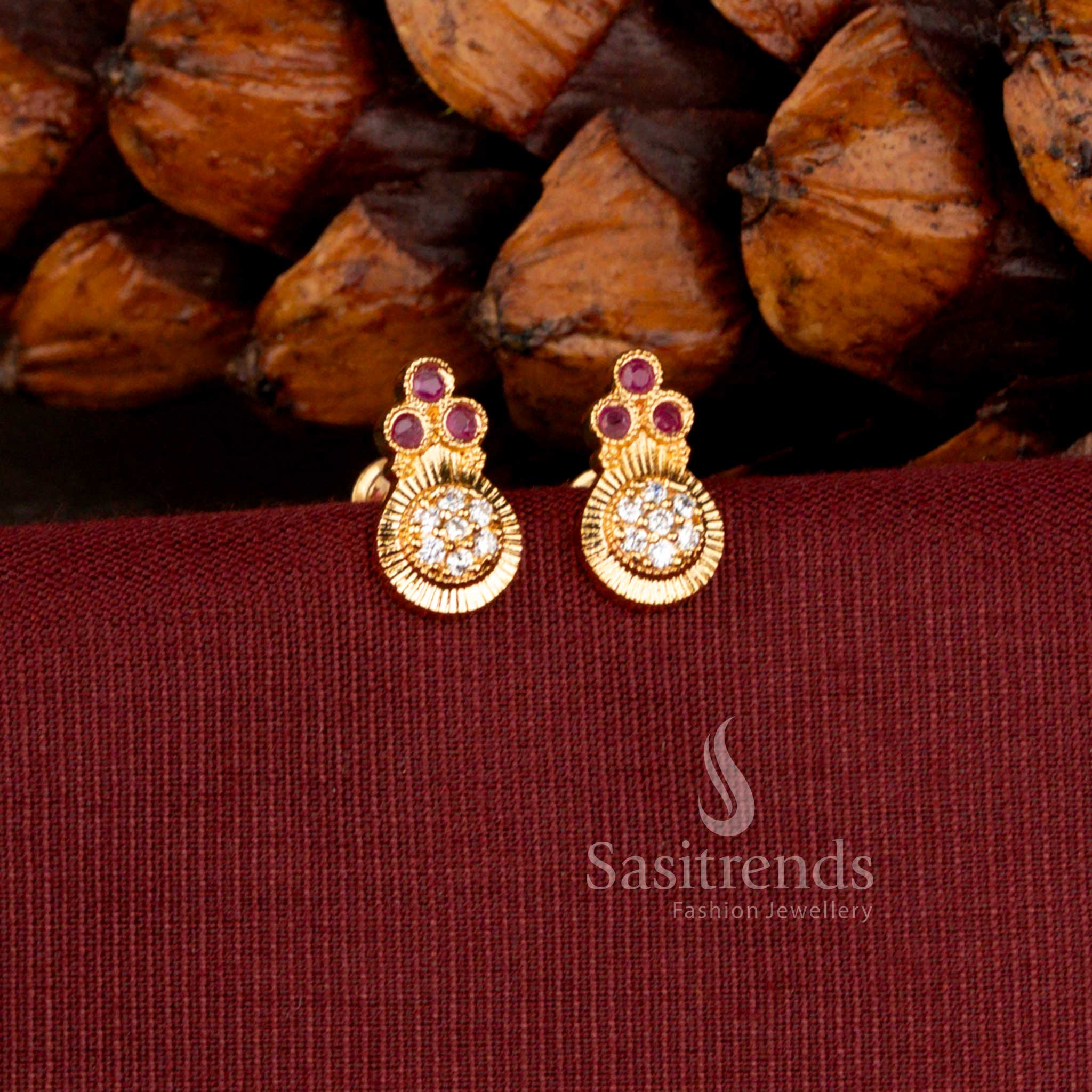 Micro Gold Plated American Diamond Dual Layer Medallion Stud Earrings - Sasitrends - Image 2