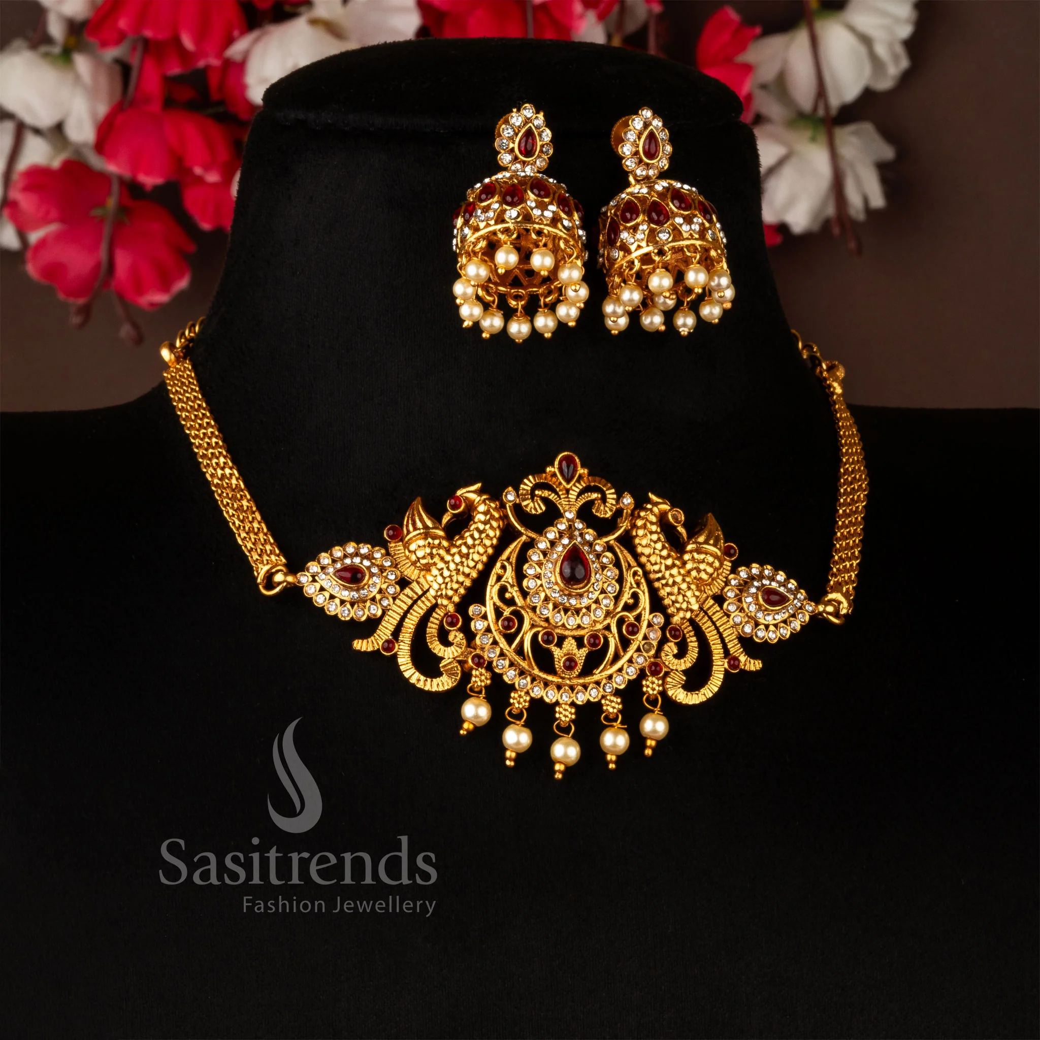 Sasitrends Classic Temple Peacock Flower Choker Set with Jhumka - Matte Gold Elegance Necklace Jewellery Set - Image 3