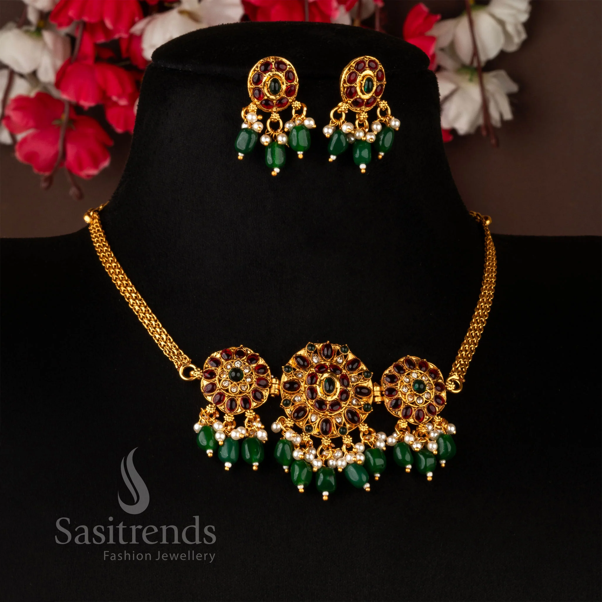Classic Matte Gold  Temple Floral Choker Necklace Jewellery Set With Earrings | Sasitrends