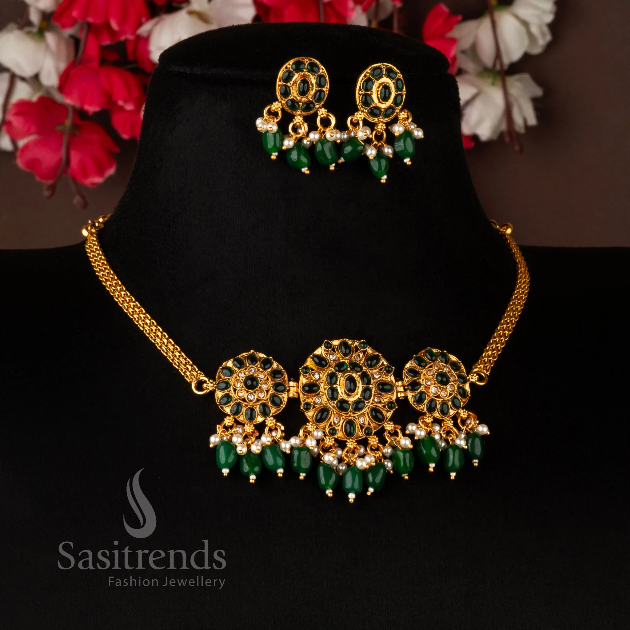 Classic Matte Gold  Temple Floral Choker Necklace Jewellery Set With Earrings | Sasitrends - Image 2