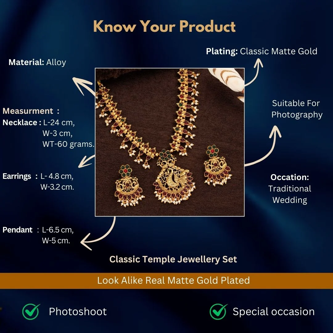 Classic Matte Gold Floral Designer Necklace Jewellery Set with Peacock Pendant | Sasitrends - Image 3