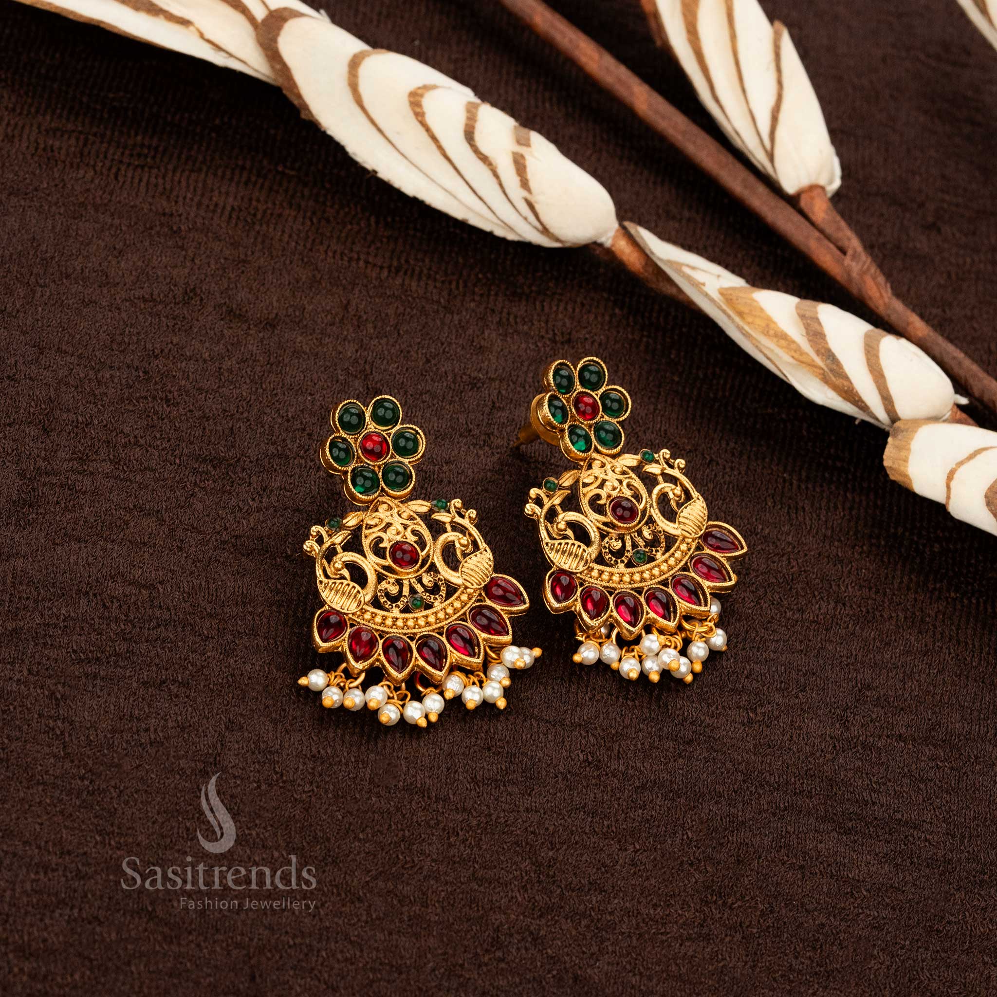 Classic Matte Gold Floral Designer Necklace Jewellery Set with Peacock Pendant | Sasitrends - Image 4