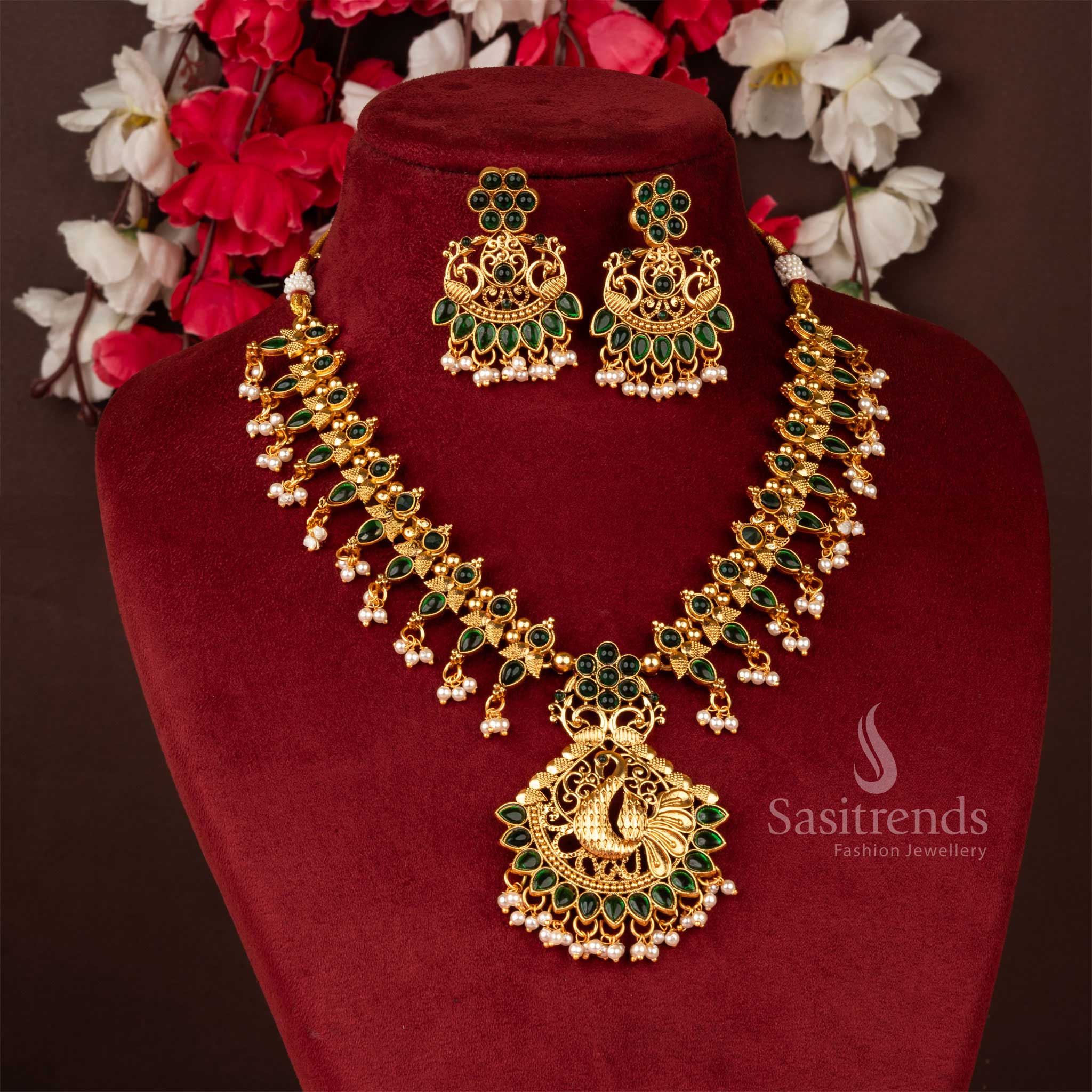 Classic Matte Gold Floral Designer Necklace Jewellery Set with Peacock Pendant | Sasitrends - Image 5