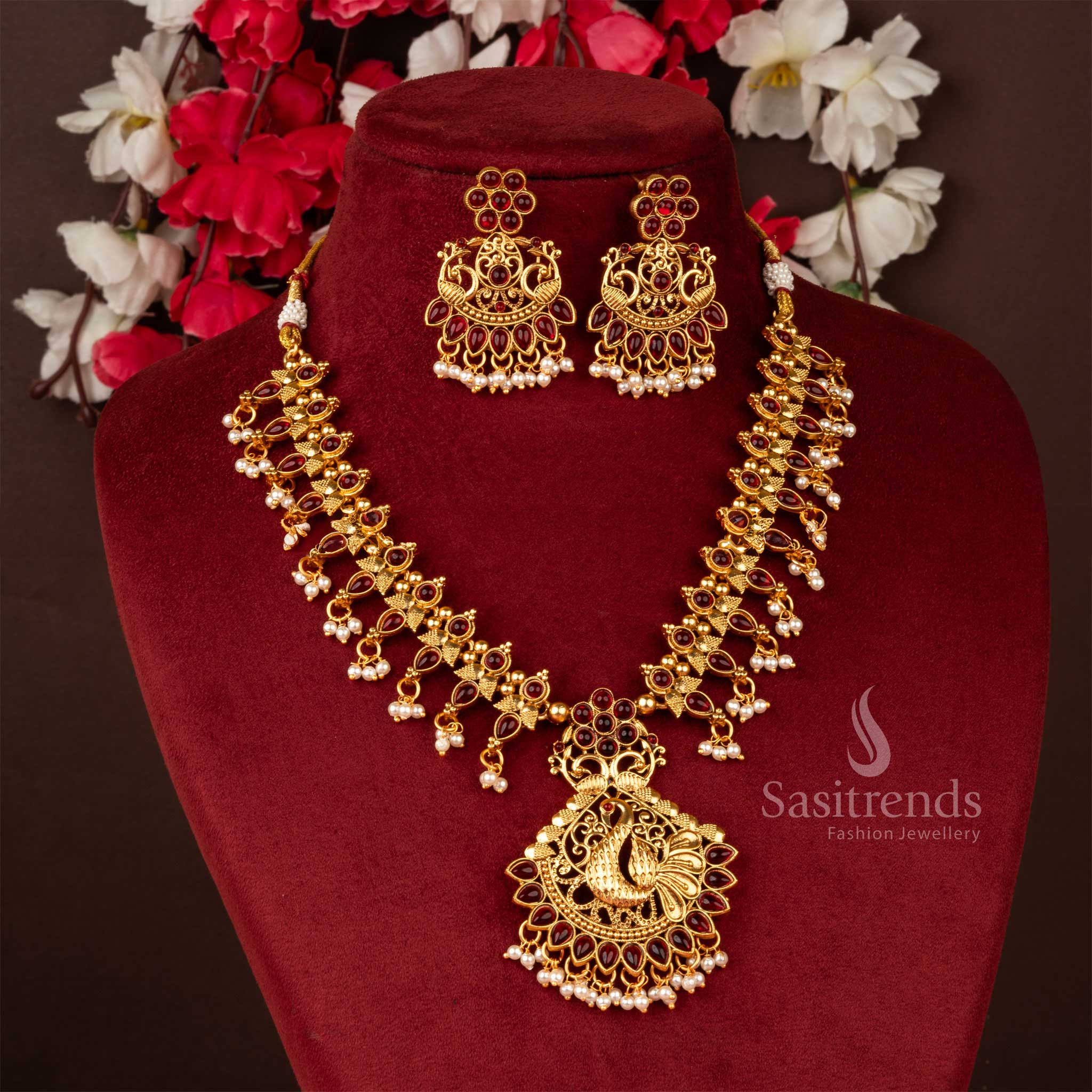Classic Matte Gold Floral Designer Necklace Jewellery Set with Peacock Pendant | Sasitrends - Image 6