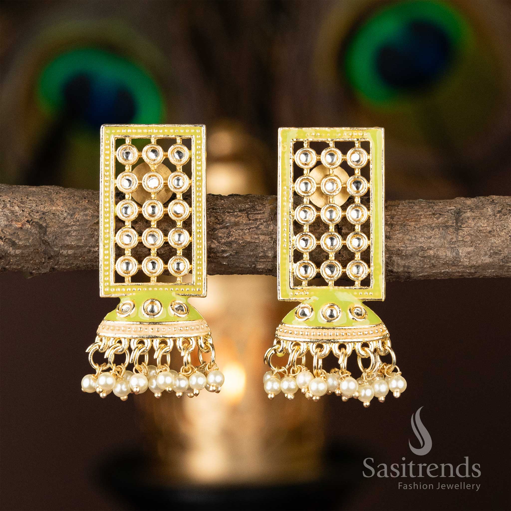 Sasitrends - Flower Shape Pearl Gold Plated AD Kundan Stone Earrings - Image 4