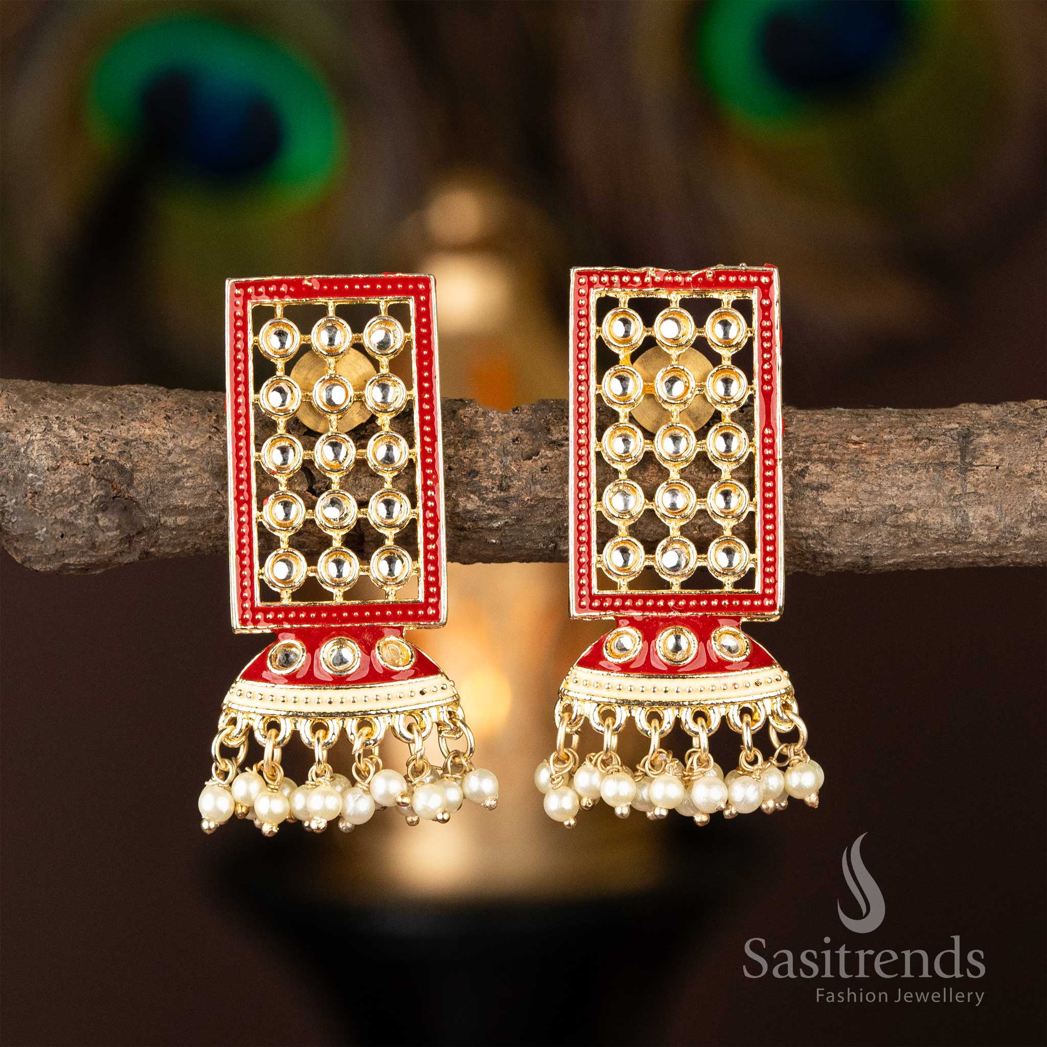 Sasitrends - Flower Shape Pearl Gold Plated AD Kundan Stone Earrings - Image 6