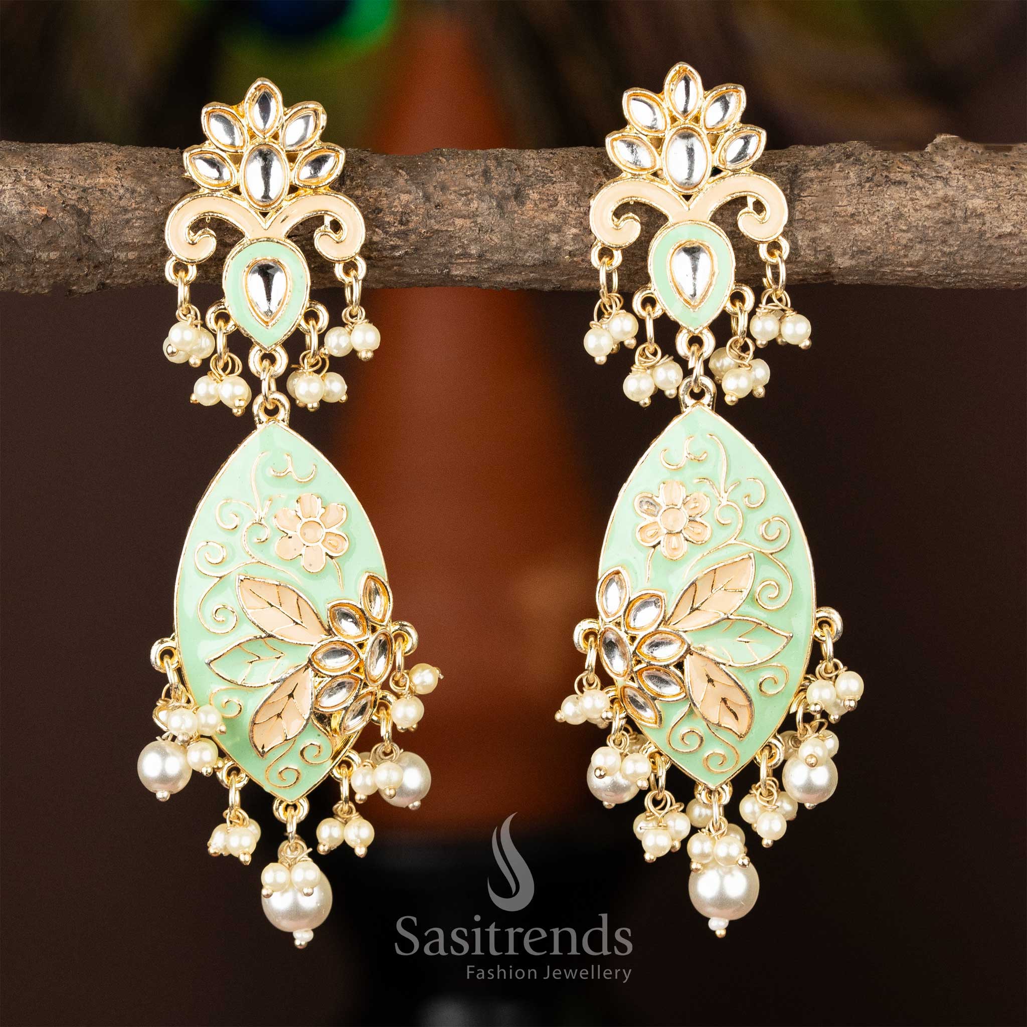 Rectangular Shape Pearl Gold Plated AD Kundan Stone Earrings - Sasitrends - Image 11