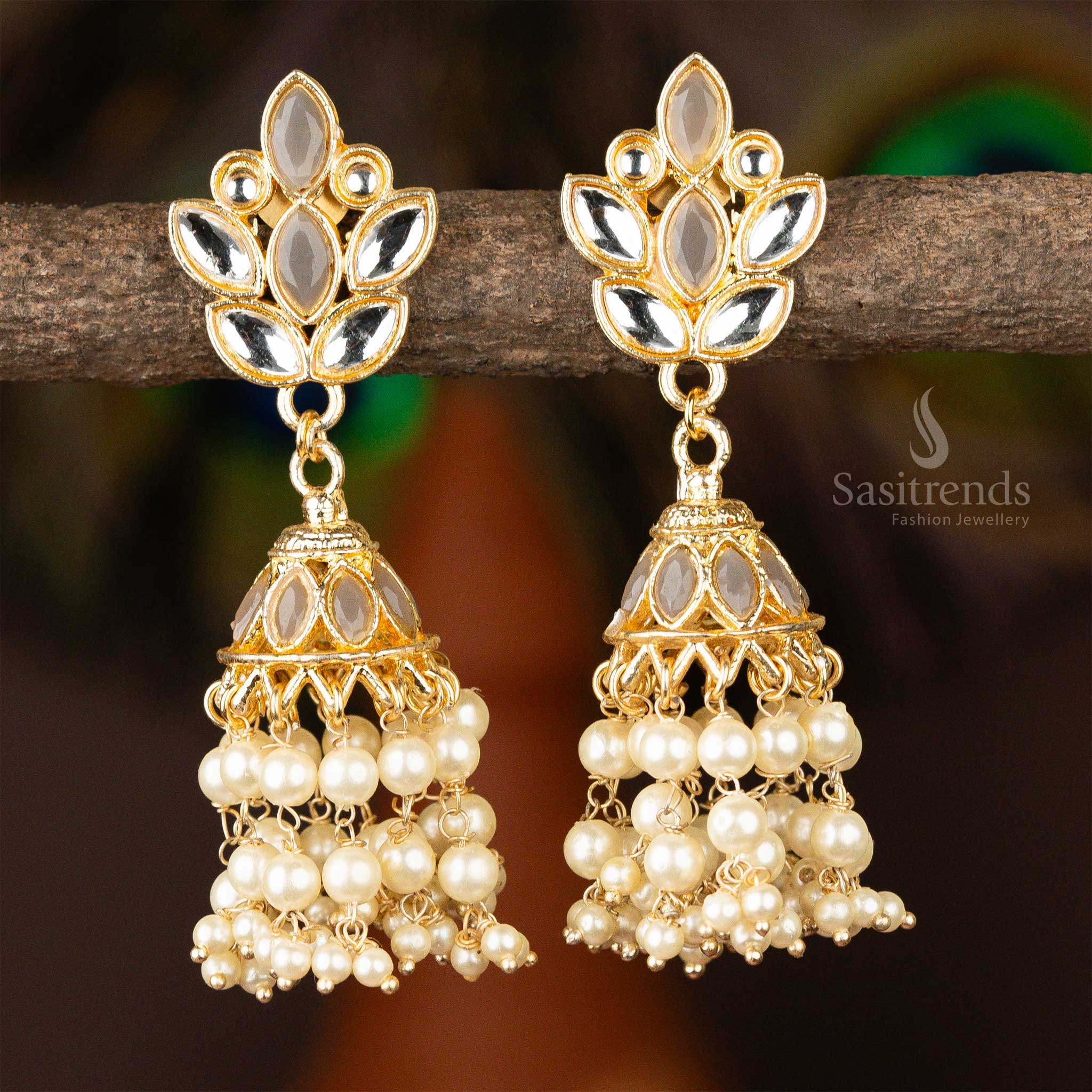 Sasitrends - Regal Kundan Stone-Studded Enamel Jhumka Earrings with Pearl Accents - Image 8