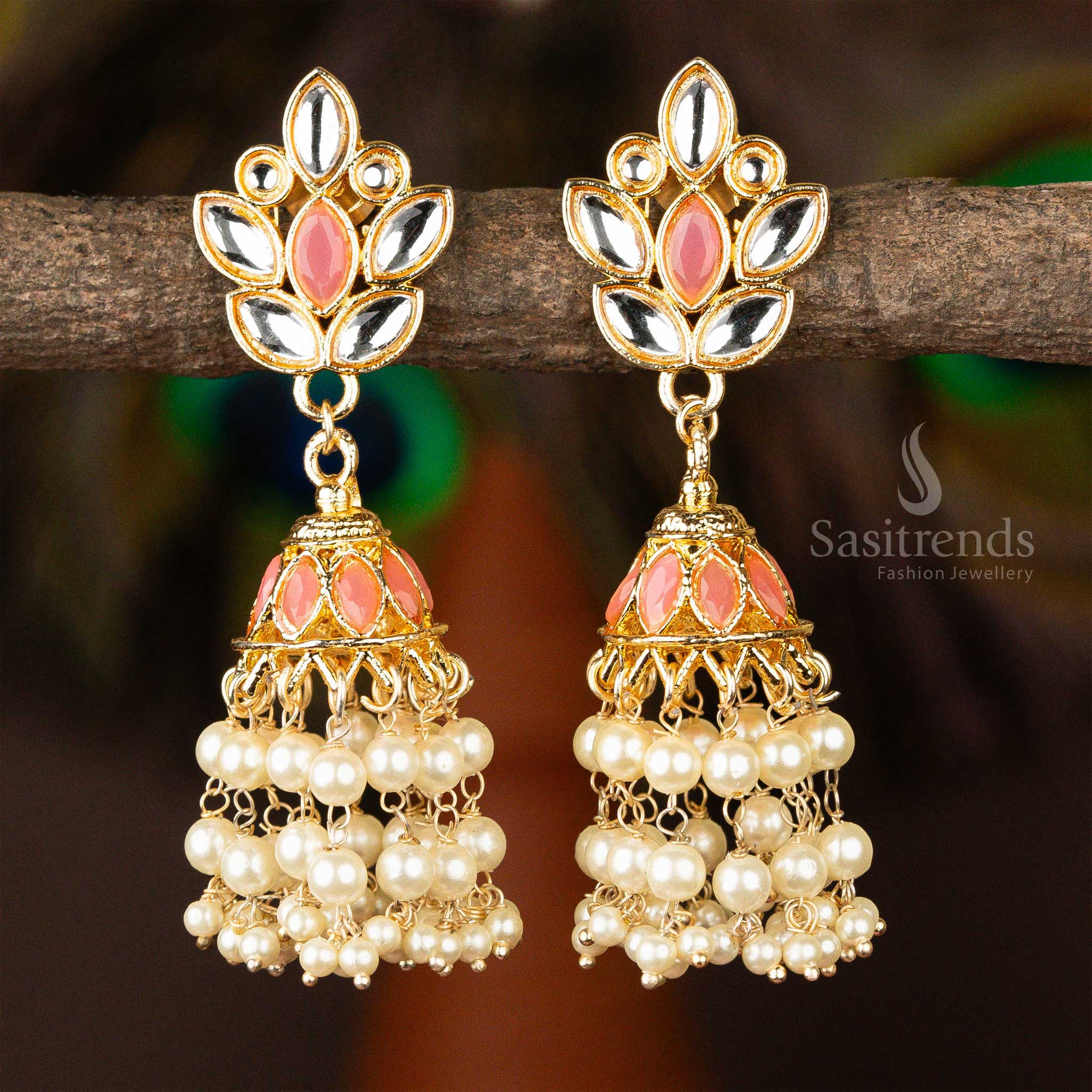 Sasitrends - Regal Kundan Stone-Studded Enamel Jhumka Earrings with Pearl Accents - Image 9