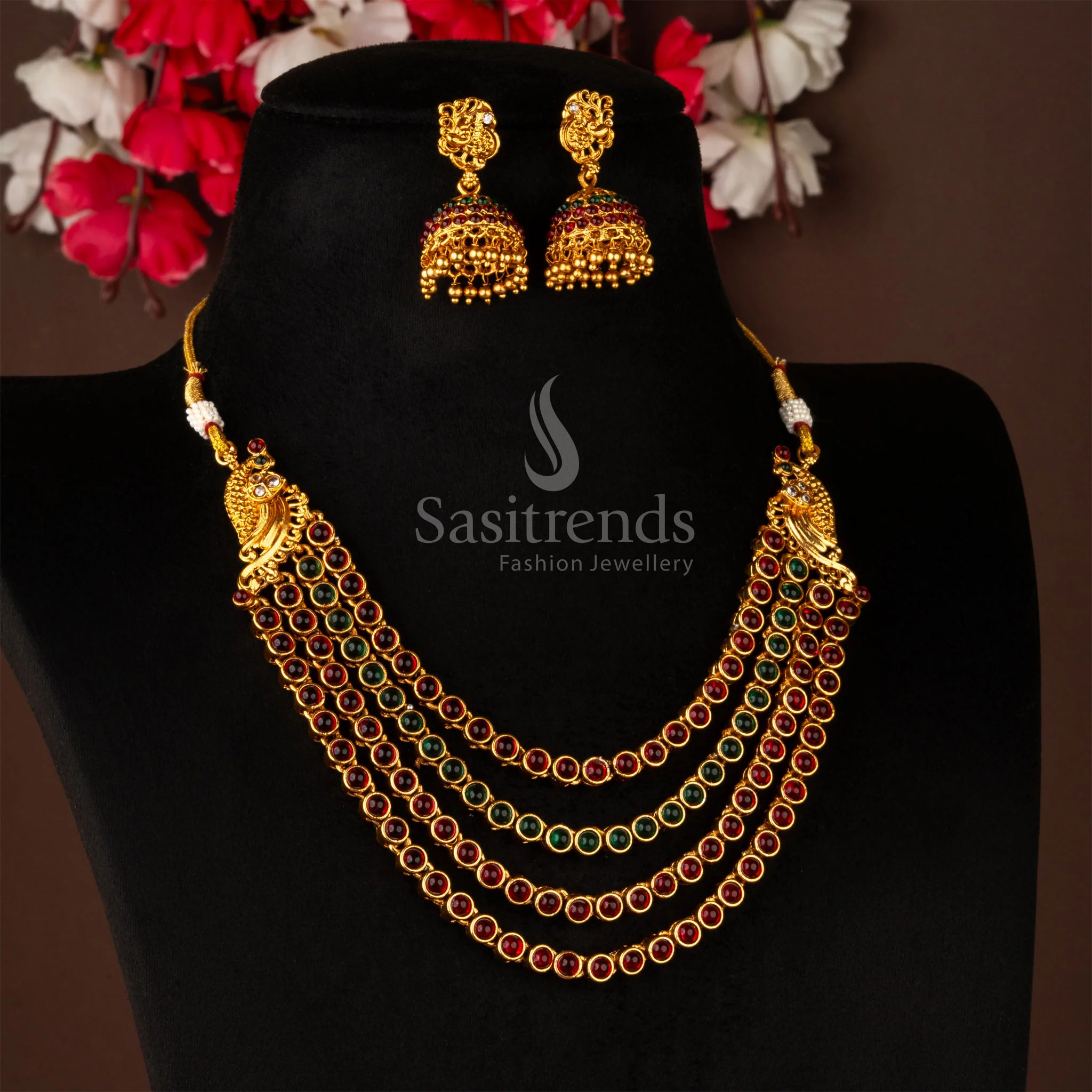 Classic Matte Gold Elegant Peacock Temple Wear Necklace Jewellery Set with Jhumka Earrings - Image 2