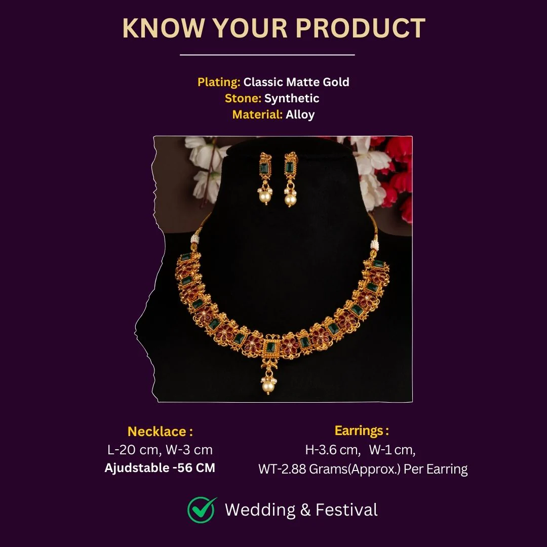Sasitrends Classic Matte Gold Plated Flower Designer Necklace Jewellery Set - Image 2