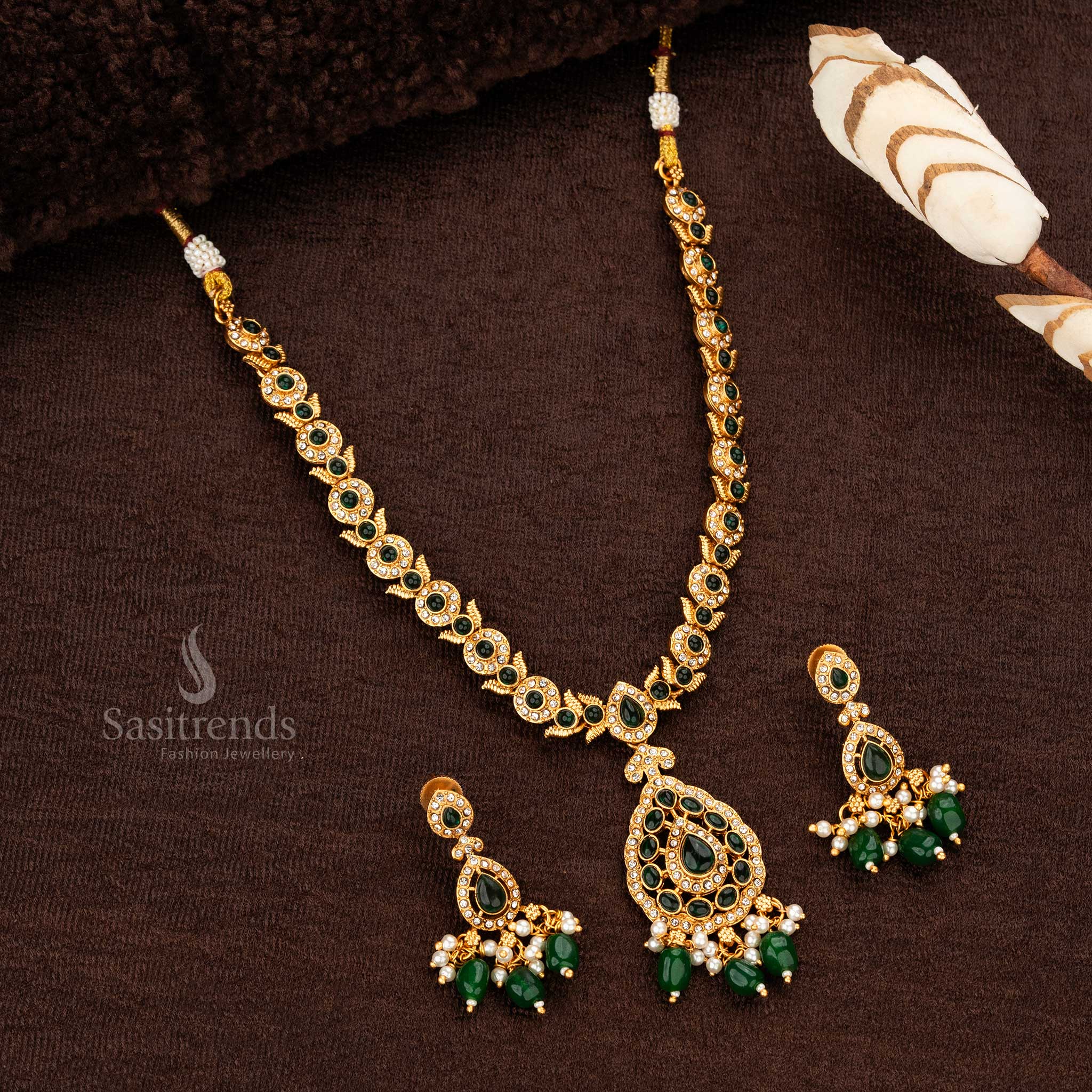 Traditional Classic Temple Matte Gold Plated Necklace Jewellery Set with Teardrop Motif and Green Bead Accents - Sasitrends - Image 6