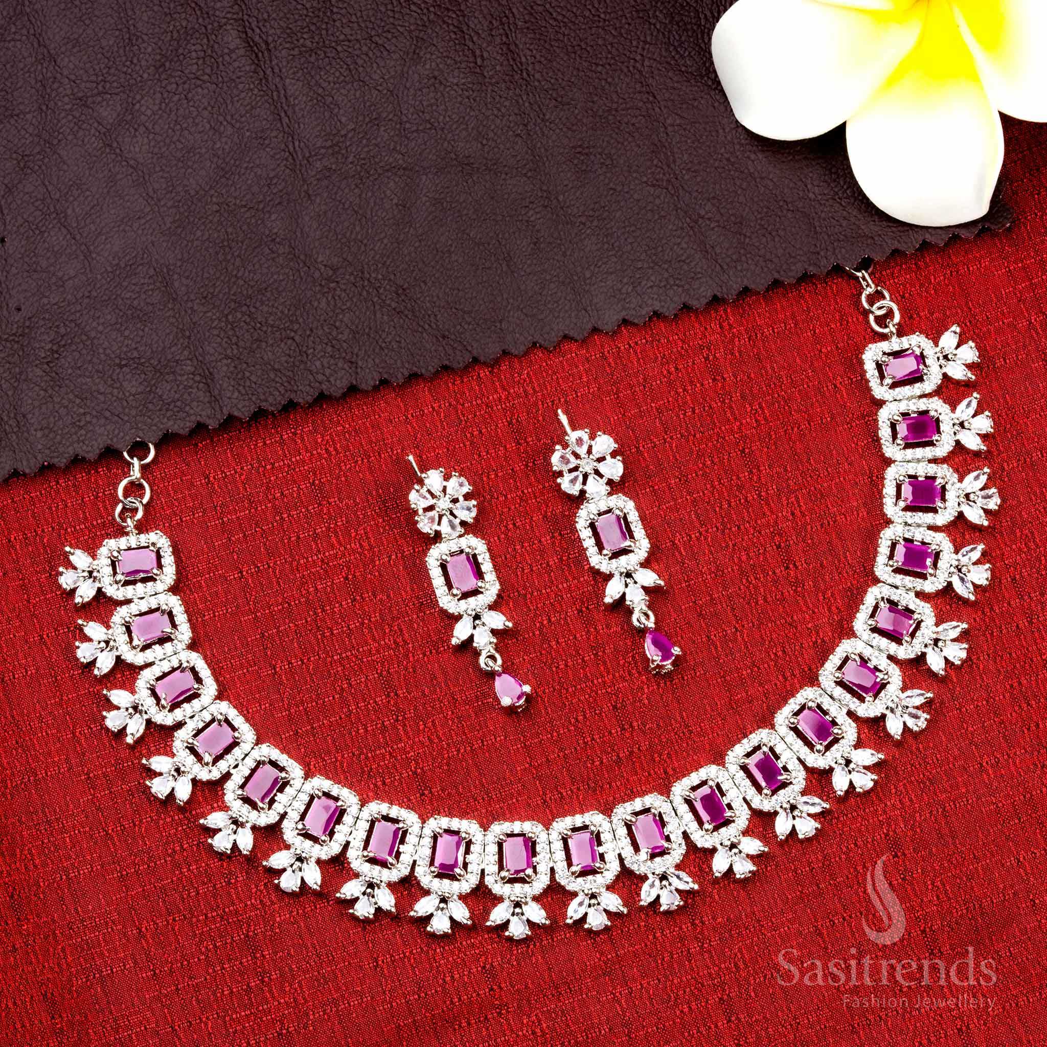 Dazzling Rhodium Silver Plated American Diamond Necklace Jewellery Set For Bridal & Party Wear- Sasitrends - Image 24