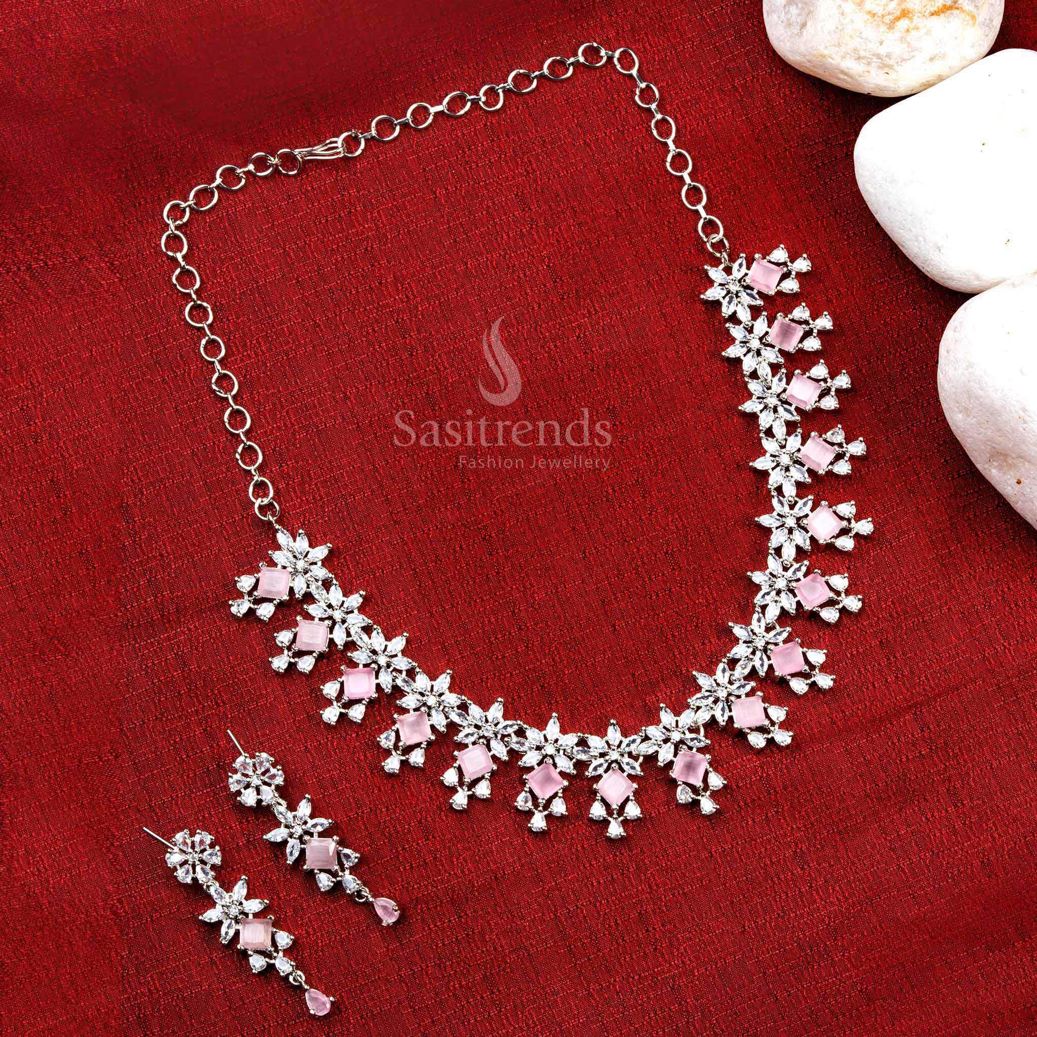 Gorgeous Floral Pattern Rhodium Silver Plated Necklace Jewellery Set with American Diamond for Party & Lehenga Wear - Sasitrends - Image 20