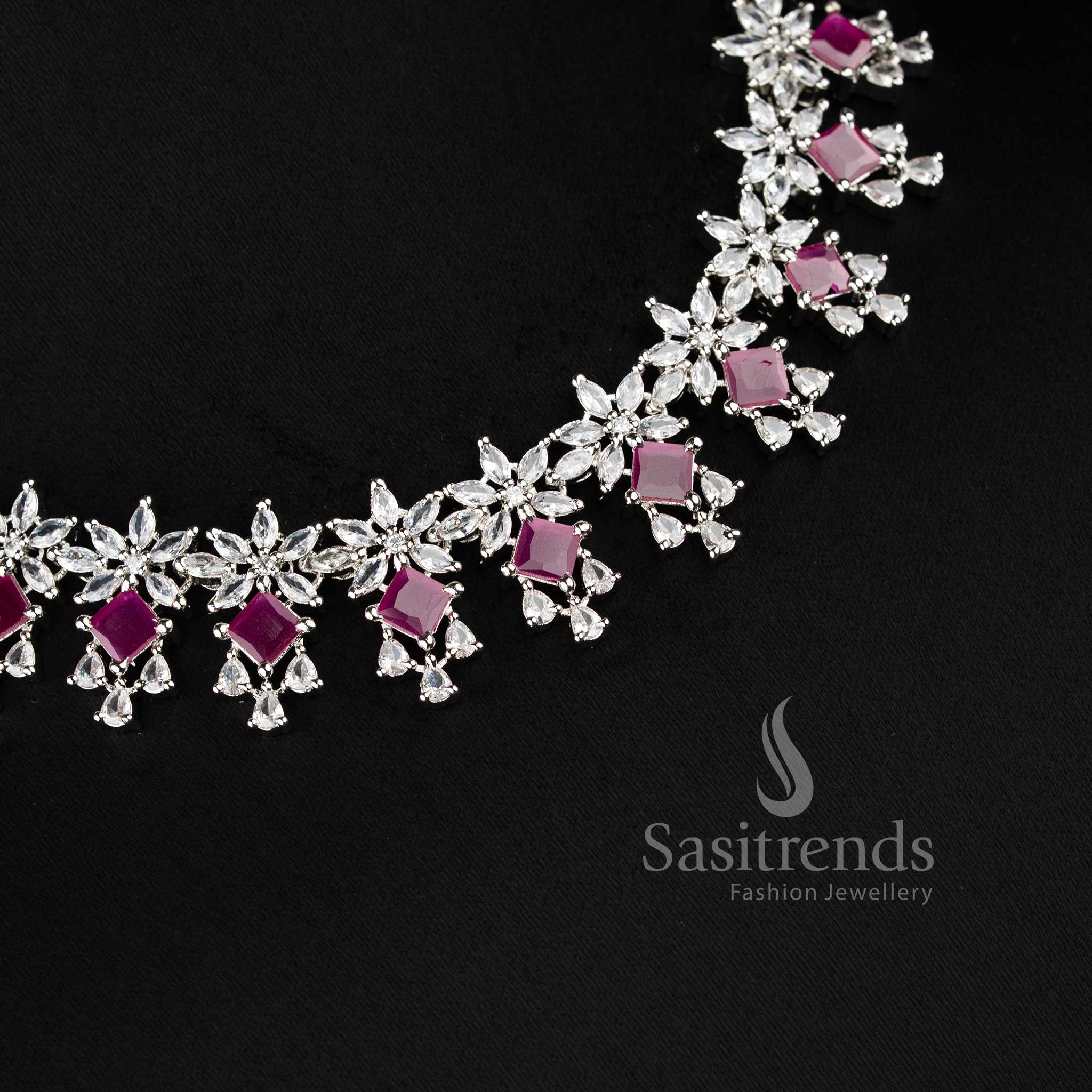 Gorgeous Floral Pattern Rhodium Silver Plated Necklace Jewellery Set with American Diamond for Party & Lehenga Wear - Sasitrends - Image 3