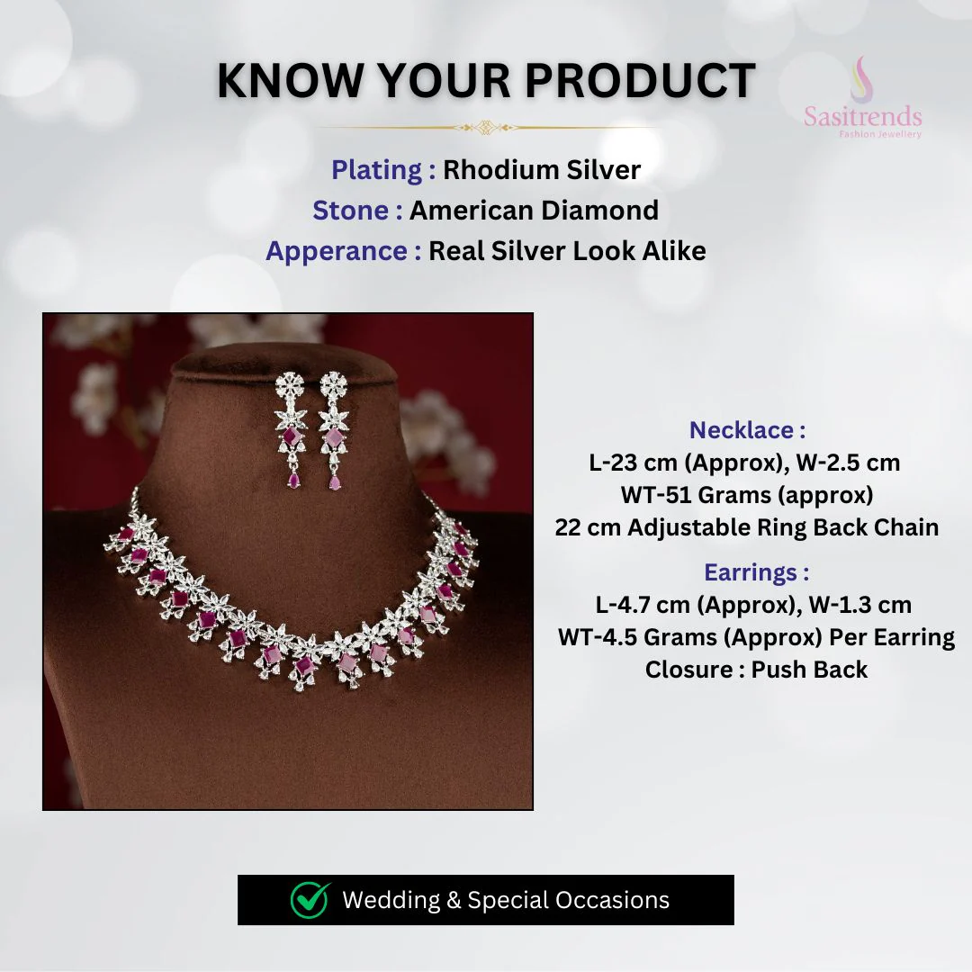 Gorgeous Floral Pattern Rhodium Silver Plated Necklace Jewellery Set with American Diamond for Party & Lehenga Wear - Sasitrends - Image 5